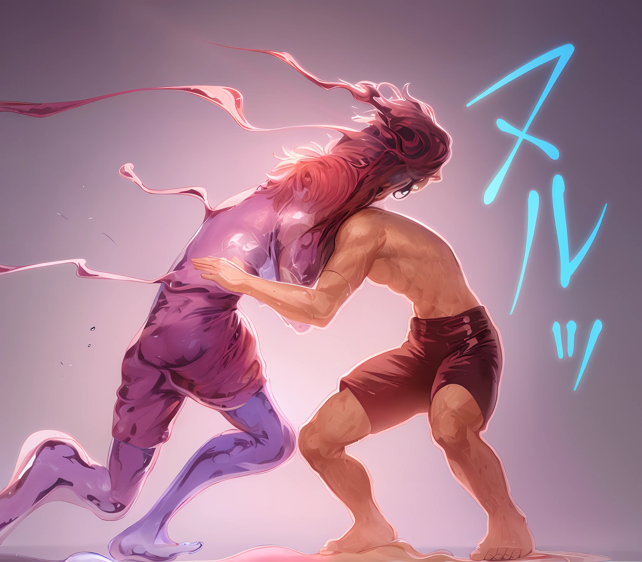 Two men fighting each other, One of them is made of liquid.
