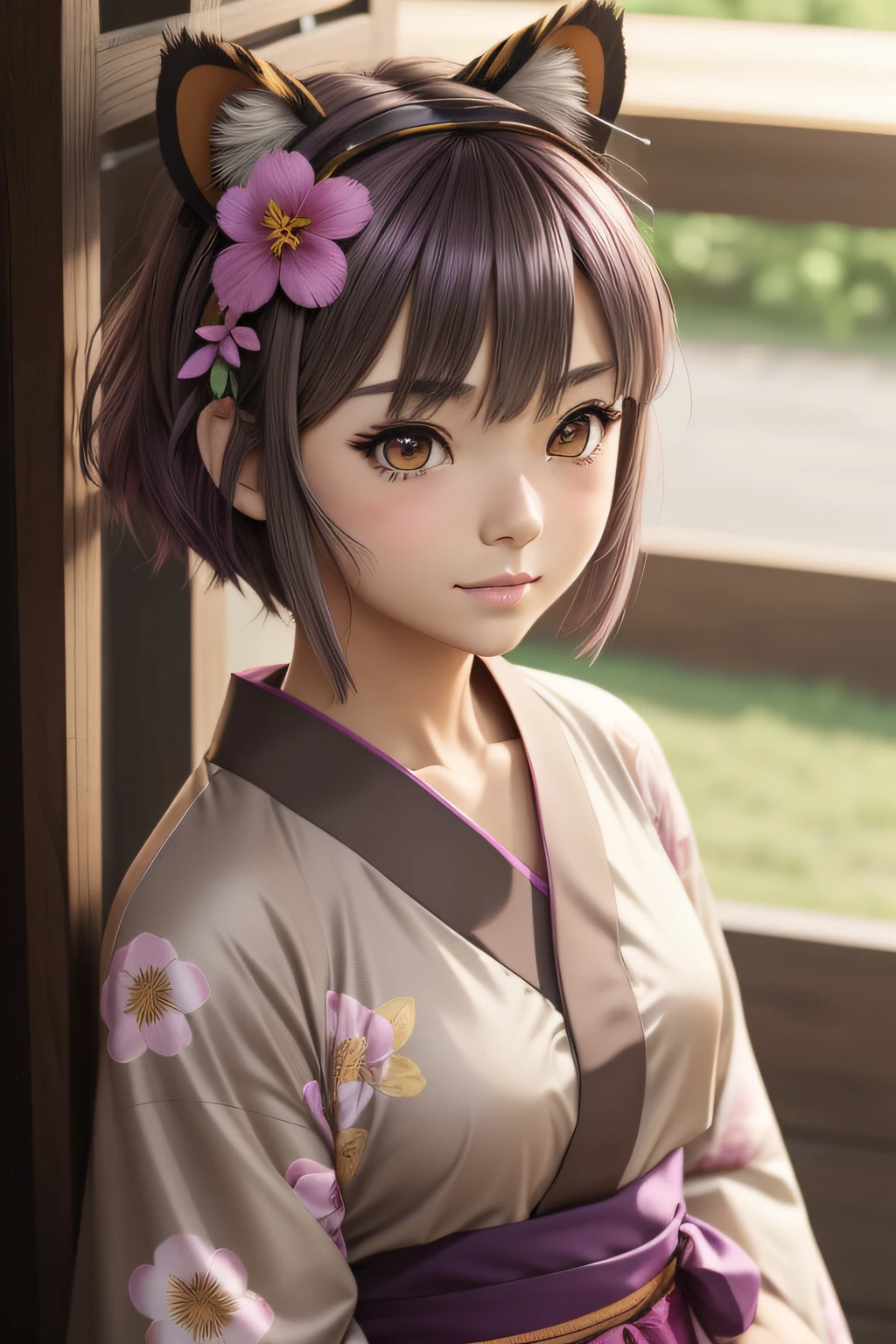 anime girl Clothing:Yukata:Brown, Animal Ears:Tiger:Brown, Background:University, Eyes:Gray, Facial Expression:Blushing, Hair Accessories:EX Flower Crown, Hair Color:Magenta, Hair Length:Short, Hair Style:Crew Cut, Skin Style:Tan,