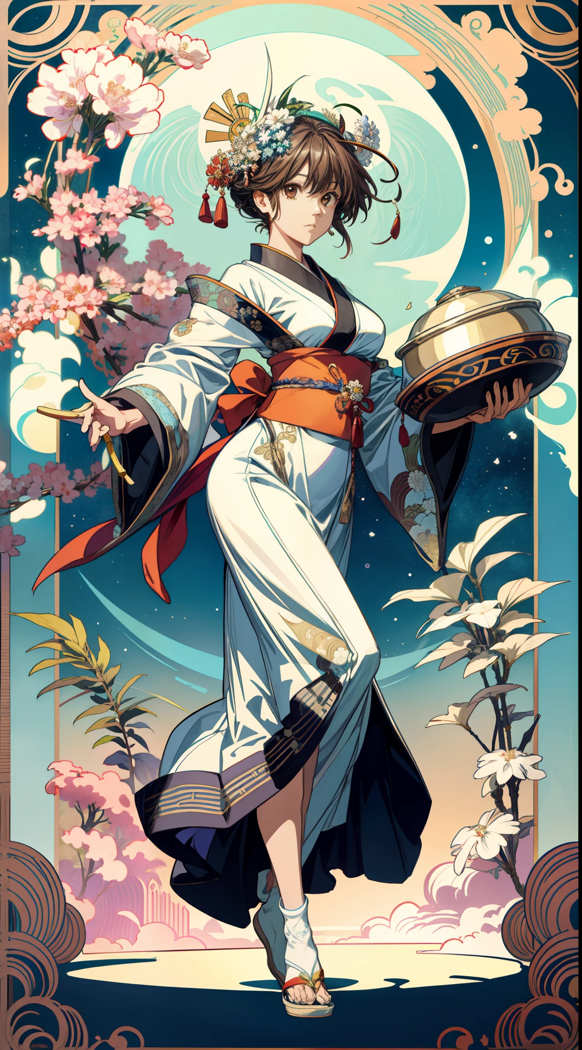 (absurderes、hight resolution、ultra-detailliert)、独奏、femele、wearing kimonos、Playing Japanese Taiko、Wearing a bowl roll on your head、Wear exposure、full body Esbian、Bold poses、large full breasts、cabelos preto e longos、Brown eyes、Festival decorations、Victorian style、a matural female、A detailed face、hut\Tarot Cards\、stele、suns、a moon、Symbolism、Visual Arts、occult、Visual Projection、pop music、art by、Alphonse Mucha、