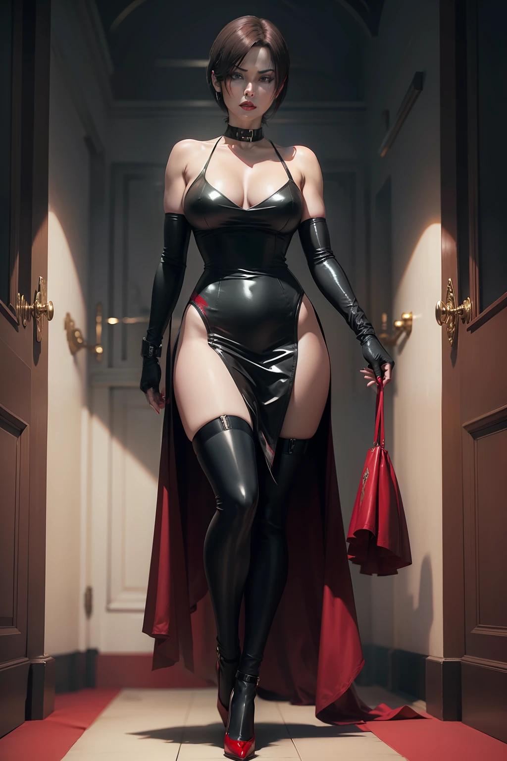 resident evil sexy ada wong in dress, stockings, high heels, stilletoes, long gloves, choker, makeup, lipstick, full body shot, palace bedroom background,