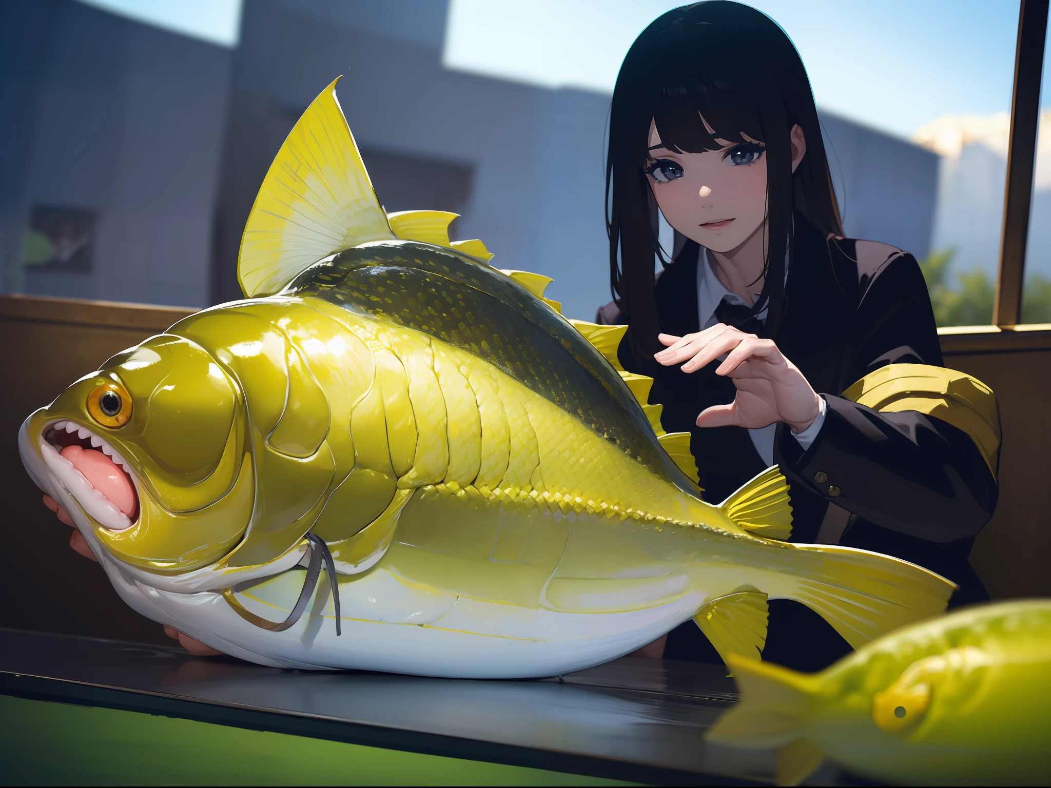 ((((Catching a big fish by the lakeside)))),((Best Quality, masterpiece :1.5)),((( Large Mouth Bass:1.2))),hight resolution,ultra-detailliert,Beauty and aesthetics,masterpiece,best qualtiy,(1 woman aged Japan 22),Black hair, long eyeslashes, Solid Circle Eyes, deadpan, drop shadow, Atmospheric perspective,Super Detail, ccurate, small brest,(Black jacket :1.1),top-quality, blurry backround, bokeh dof:1.2, (masterpiece:1.3), Atmospheric perspective,Super Detail,Dynamic composition