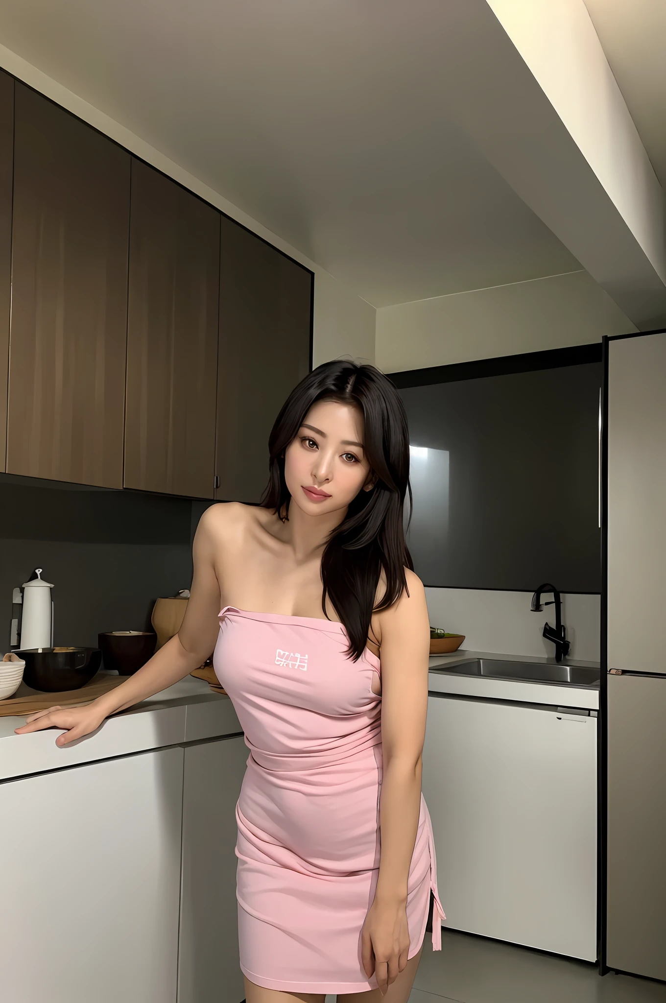 Master piece,
high quality,
high resolution,
Classic,
1woman, naked apron, cleavage between breasts, sideboob, underboob, sexy pose,
boobs, nipples, tall of a person, dark skin, tan line, fat booty, ,big areola, (plump body:1.2),
beautiful face, medium hair, darkmagenta hair, indigo eyes, lndoor, kitchen, kitchen, masterpiece, extremely fine and beautiful, photorealistic, attractive mature lady, japanese,