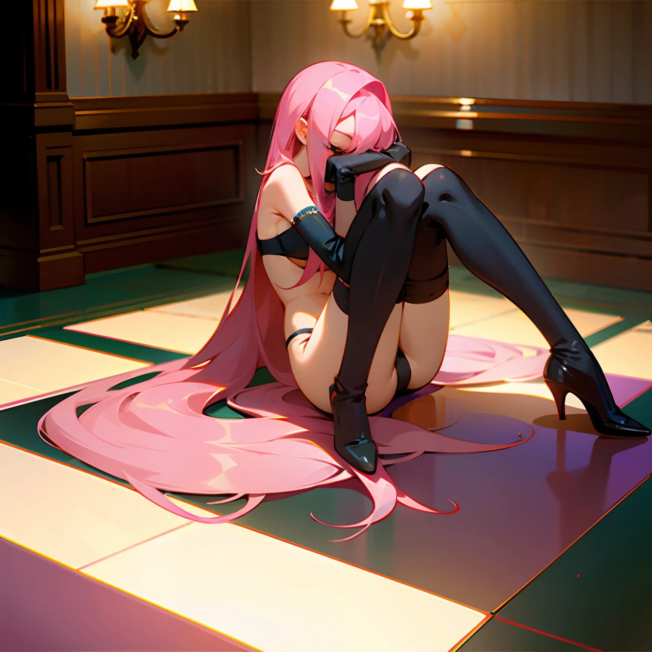 Girl with long pink hair, black stockings, skimpy black bra and panties, laying on floor, shielding face with her hands, inside a mansion lobby