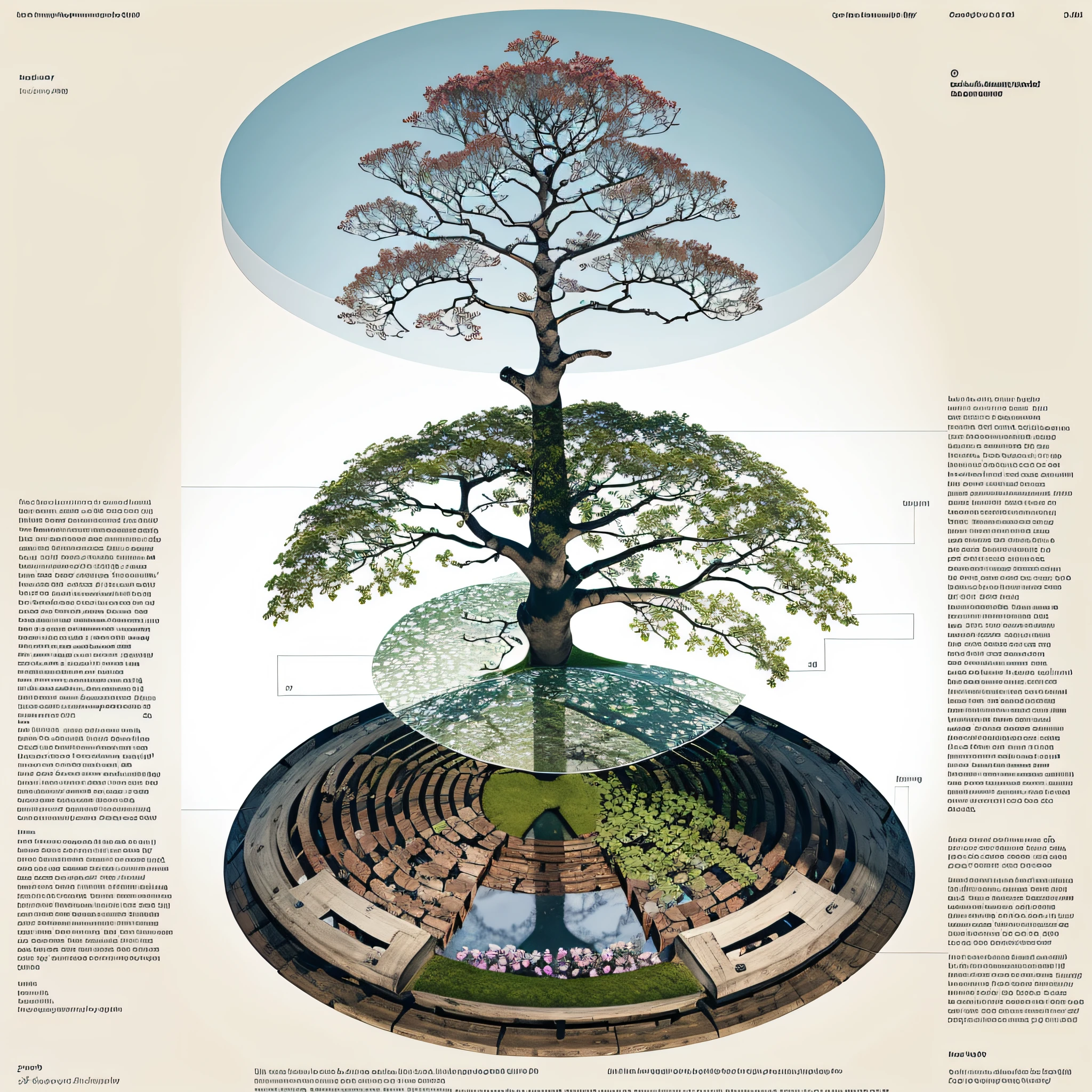 beautiful oak tree, symetrical, xray of the underground soil with dead leaves, vibrant and beautiful green leaves on the top, owl hole in the trunk, blue print, disassembly diagram, surrounded by a circle