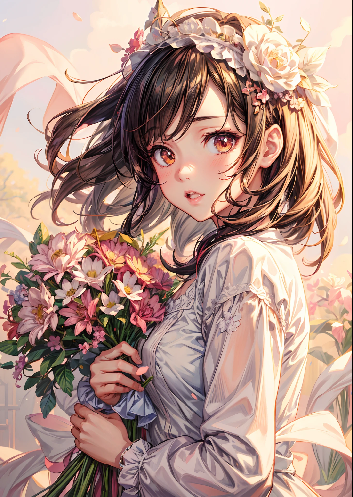 Medium view, medium shot, depth of field, bust, upper body, cinematic angle, masterpiece, best quality, super detailed, CG, 8K wallpaper, beautiful face, delicate eyes, a maiden, solo, smile, bangs, skirt, shirt, hat, dress, bow, petals, bouquet