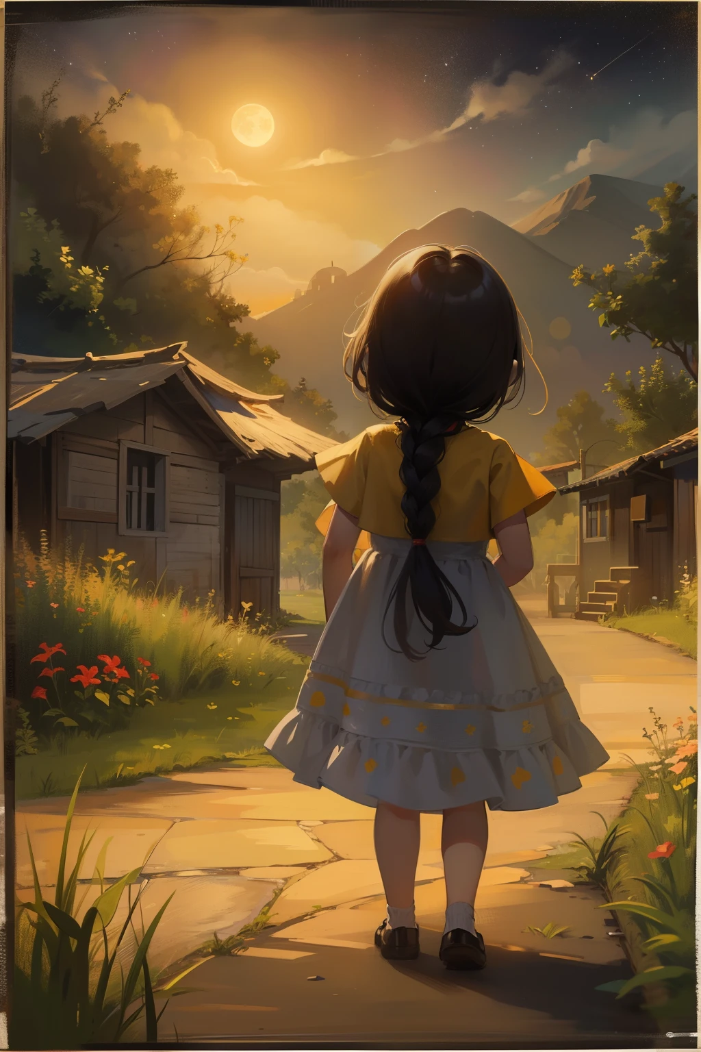 Create an adorable illustration of a 4-year-old girl, com cabelo liso e preto abaixo dos ombros, trajando uma roupa camponesa simples. in a village of villagers, cercada pela natureza bela e esplendida, com um lindo sol a brilhar. Use a style of children's illustrations to portray this scene in a simple way, fofa e colorida, highlighting the serenity of the starry night as the girl says her prayer.