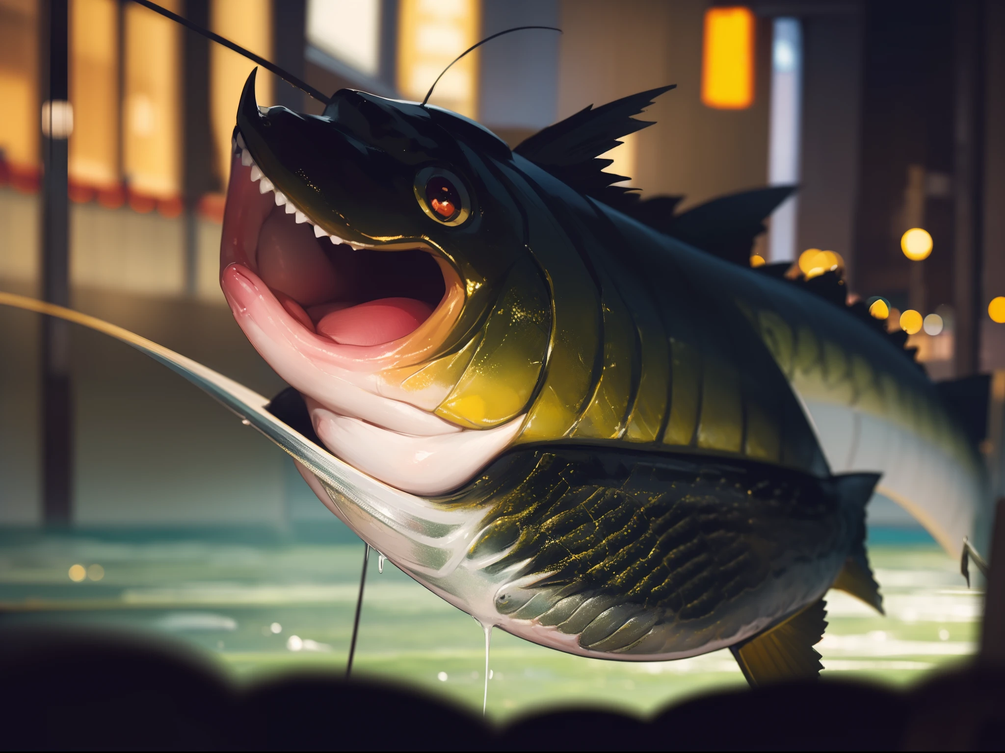 ((((Catching a big fish by the lakeside)))),((Best Quality, masterpiece :1.5)),((( Large Mouth Bass:1.2))),hight resolution,ultra-detailliert,​masterpiece,best qualtiy,(1 woman aged Japan 22),Black hair, long eyeslashes, Solid Circle Eyes, deadpan, drop shadow, Atmospheric perspective,Super Detail, ccurate, small brest,(Black jacket :1.1),top-quality, blurry backround, bokeh dof:1.2, (​masterpiece:1.3),  Atmospheric perspective,Super Detail,Dynamic composition