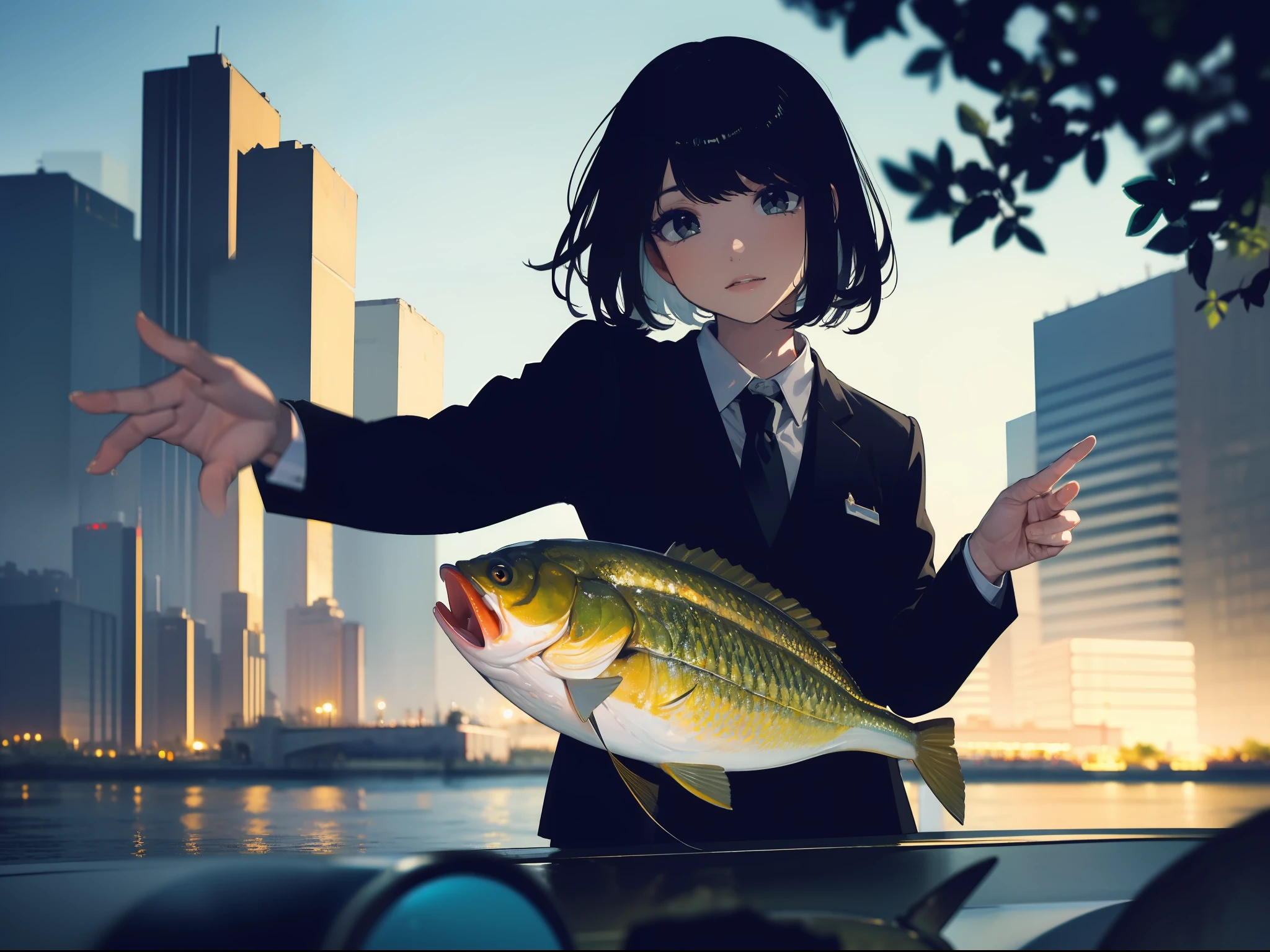 ((((Catching a big fish by the lakeside)))),((Best Quality, masterpiece :1.5)),((( Large Mouth Bass:1.2))),hight resolution,ultra-detailliert,masterpiece,best qualtiy,(1 woman aged Japan 22),Black hair, long eyeslashes, Solid Circle Eyes, deadpan, drop shadow, Atmospheric perspective,Super Detail, ccurate, small brest,(Black jacket :1.1),top-quality, blurry backround, bokeh dof:1.2, (masterpiece:1.3), Atmospheric perspective,Super Detail,Dynamic composition