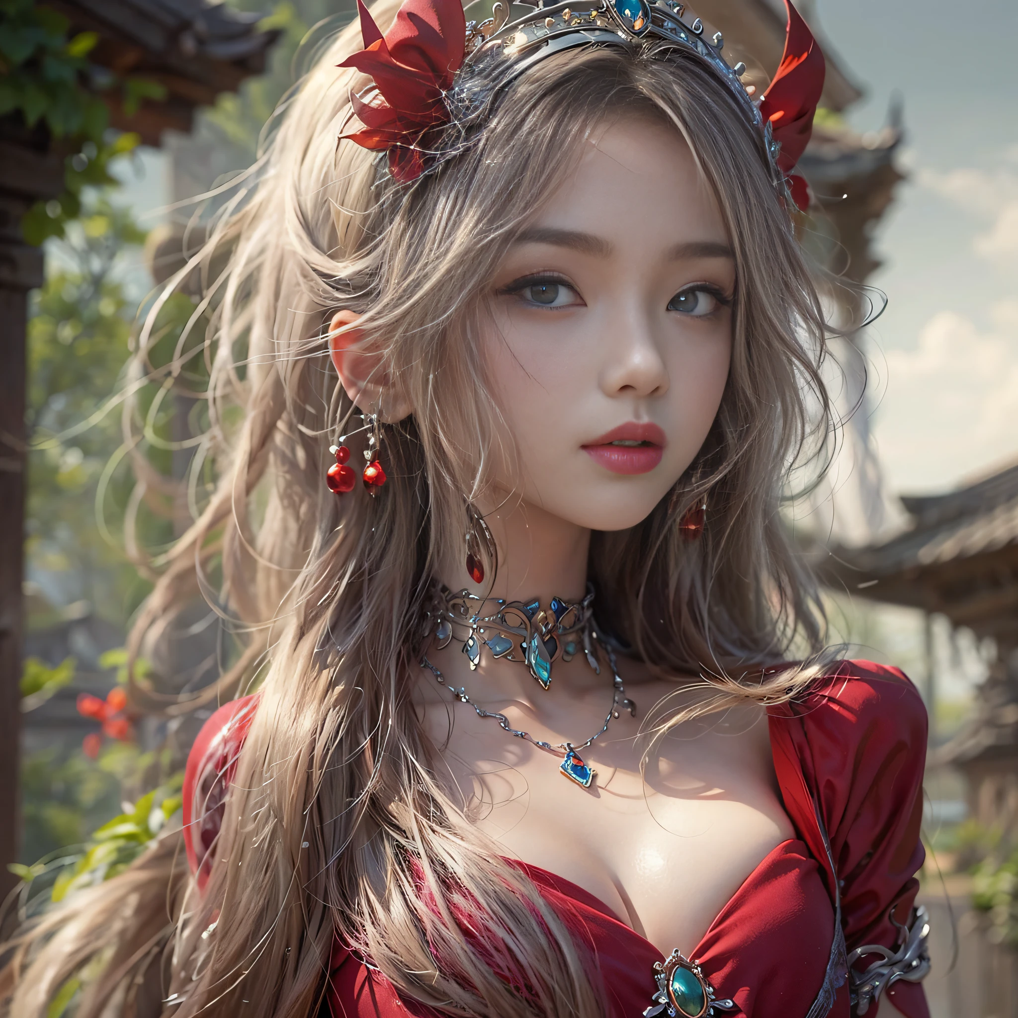 ((​masterpiece:1.4)、(top-quality:1.4)、(reallistic:1.7))、a beauty girl、Super sexy girl、Super beautiful girl、((1girl in:1.4))、Shiny natural skin texture、By Luis Royo、age19、Super Ultra Ultra Bikini、Cute tattoos、(Two arms:1.4、Two legs:1.4)、(perfect anatomia:1.4)、(Perfect female body:1.4)、Portrait photo of a girl、Soft front light、beautiful countenance、kawaii faces、Beautiful udder、Colossal tits、Beautiful ass、A detailed eye、Draw eyes clearly and beautifully、beautidful eyes、Narrow waist、Raw photo、red-lips、Red high heels、a choker、a necklace、耳Nipple Ring、1 screen display、Ancient city ruins
