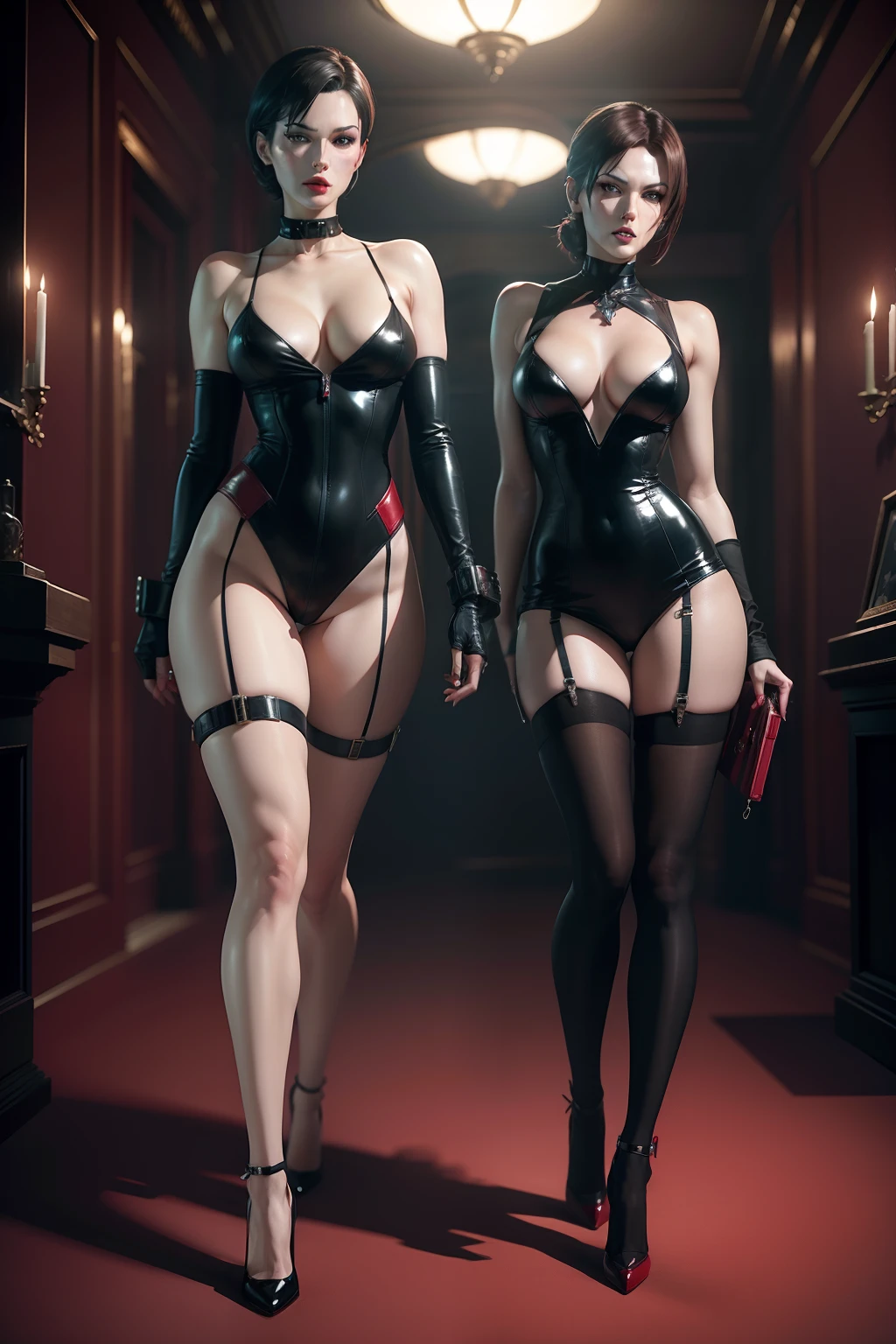 resident evil sexy ada wong and jill valentine, seductive, stockings, high heels, stilletoes, long gloves, choker, makeup, lipstick, full body shot, palace bedroom background