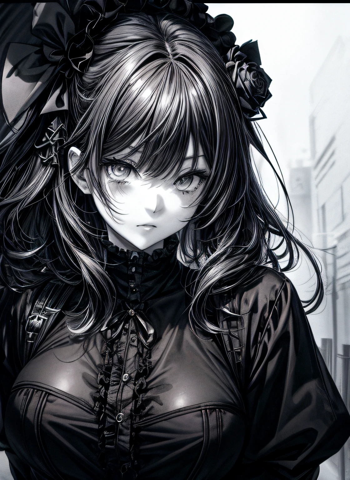 Gothic punk、actionpose、Overflowing、cheerfully、(Manga style)、(Comic Noir Style)、(linear art_Anime)、(black-and-white)、(monotone_strong contrasts)、小柄,Solo_girl, masterpiece, top-quality, beautifully drawn, ighly detailed, Aesthetic painting, (Lora Add Details:1.0),hi-school girl、Straight hair、Long Sleeve Gothic Dress、