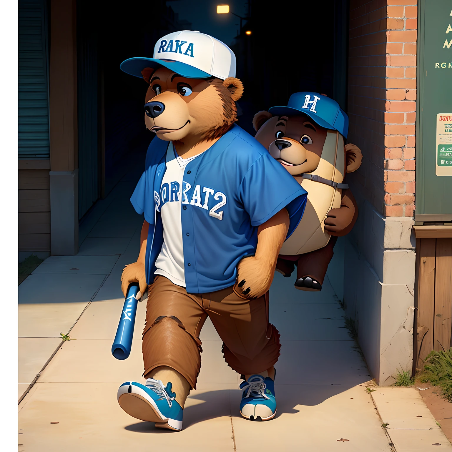 Pixar-style animation,A -yeld cory bear wearing a baseball cap walks home