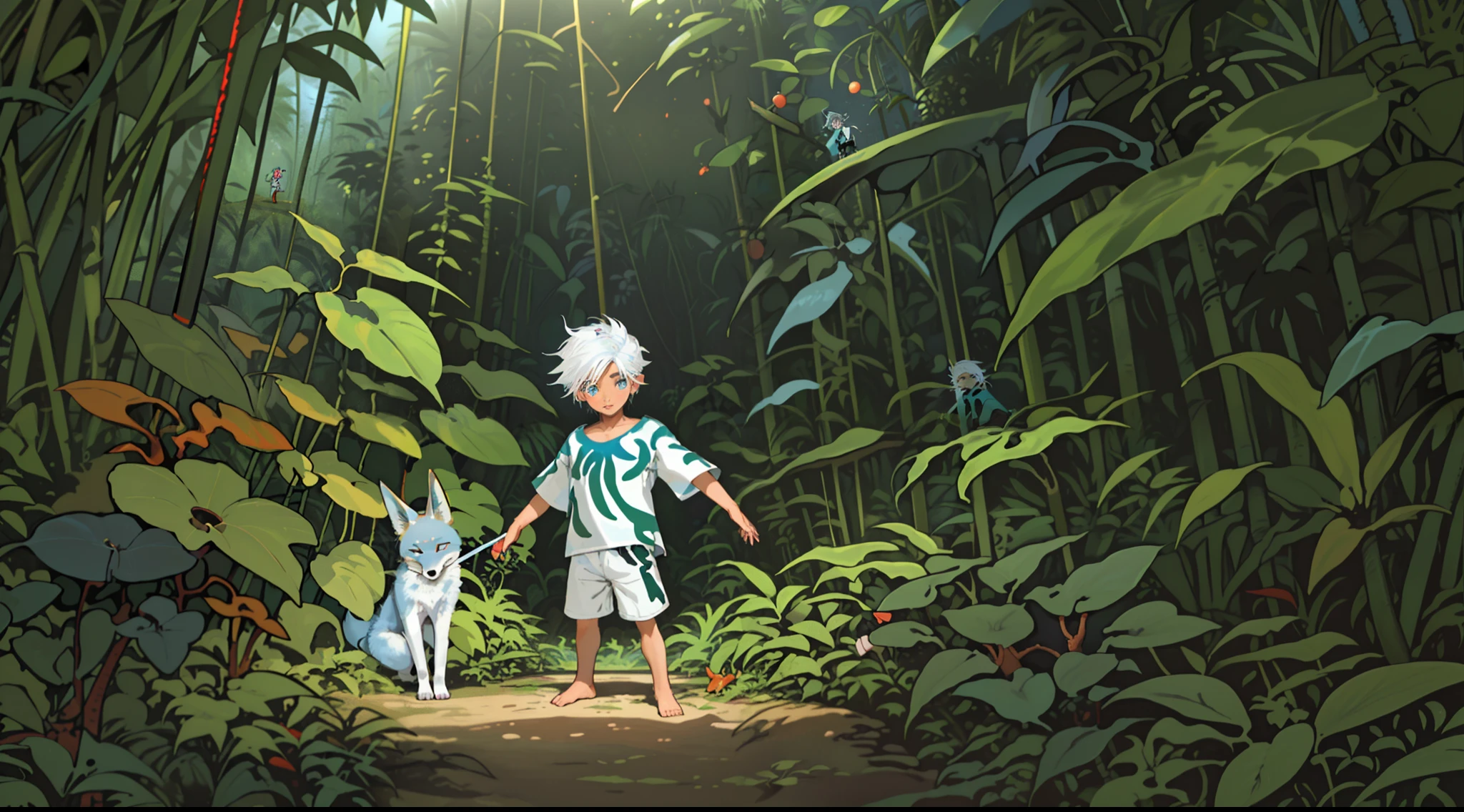 (Three sided view:0.9), (A 10-year-old baby boy:1.2) with (white hair:1.2) and (blue eyes:1.1) playing with a (friendly fox:1.1) in the (lush jungle:1.3).