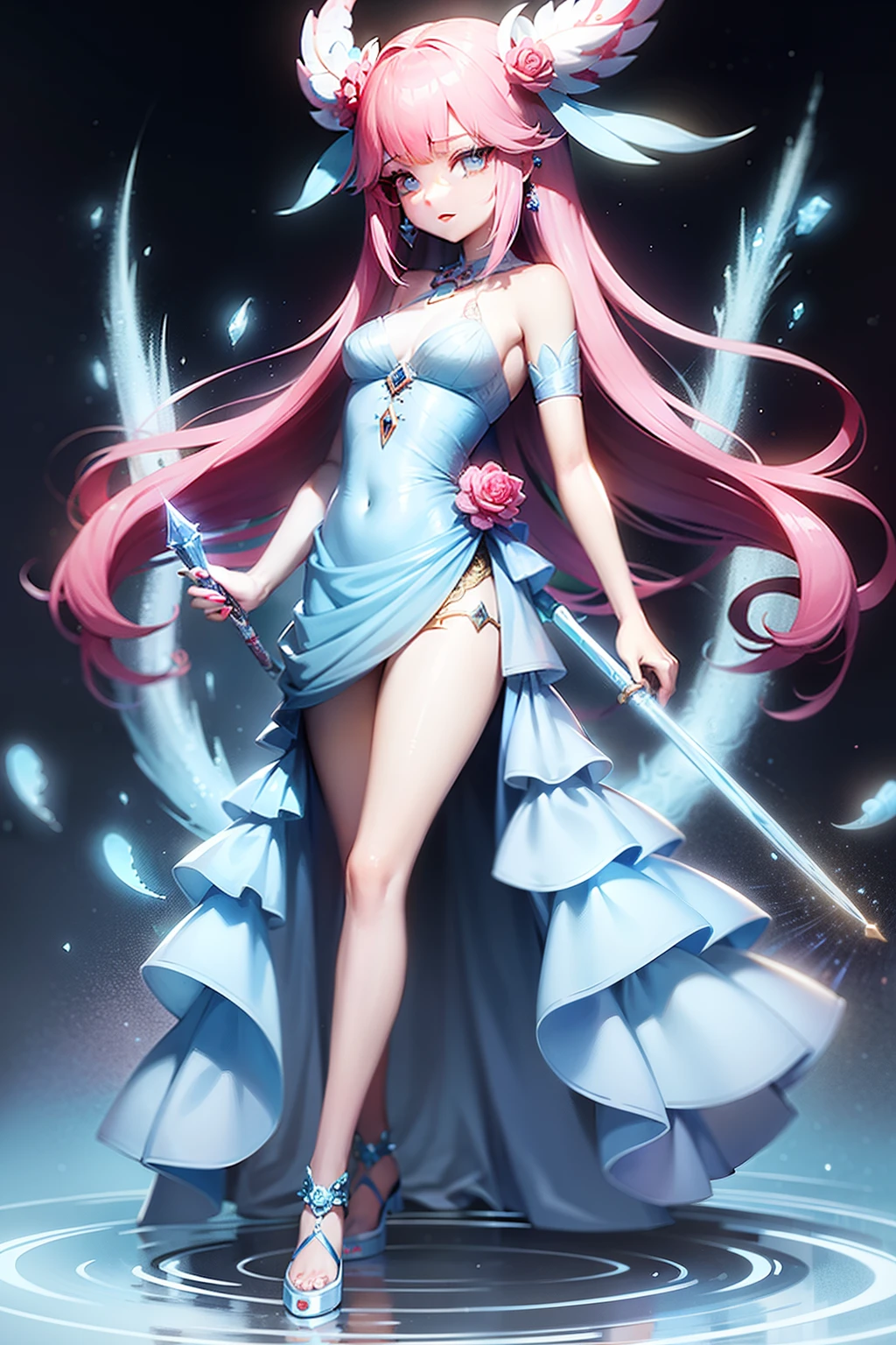 tmasterpiece,Royal sister,Red lips and pink cheeks,blue long hair,Big eyes of the water spirit,Light blue long dress,Hold an ice stick in hand,Blue temperament shoes