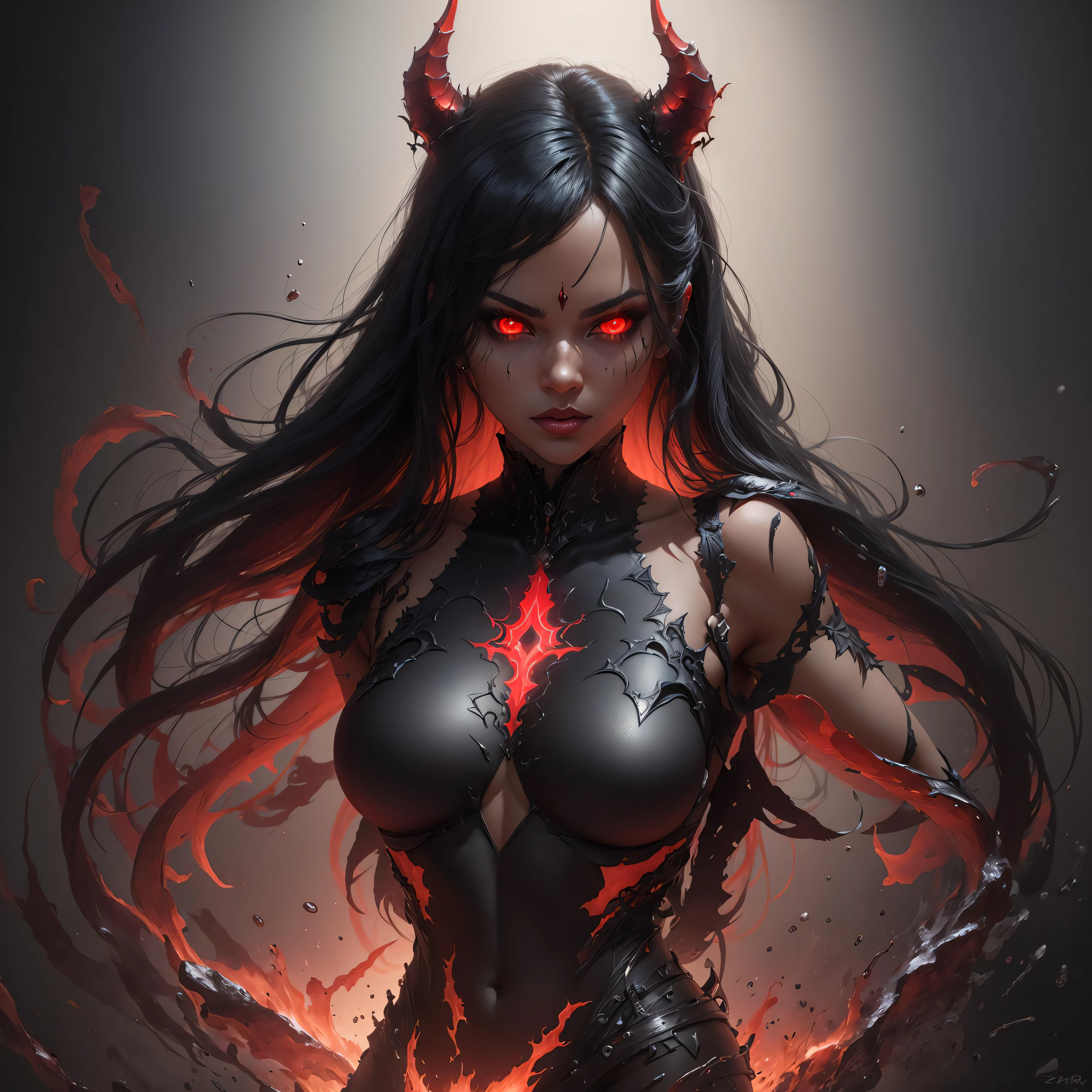 female demon, black background, red energy magic, red glowing eyes, black skin, dynamic pose, kawaii, fit build, gorgeous perfect face, in the style of realistic and hyper detailed renderings, zbrush, hyper realistic oil, contoured shading, dark scene, darkness