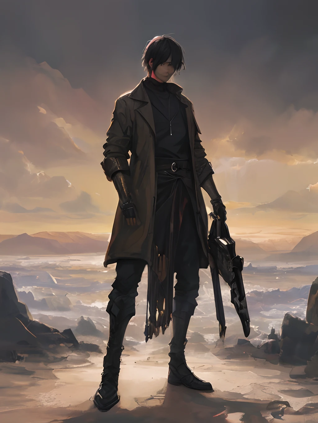 homem com cabelo negro curto, olhos roxos sombrios, aura negra, demonic shadow, ambiente sombrio, anime art