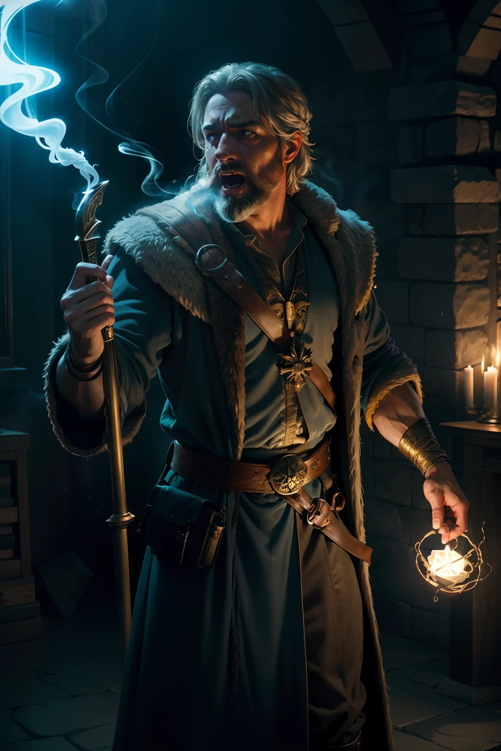 award winning photo, 8k, soft lighting, fantasy, rugged man, wizard, ornate staff, bright blue robe, silver lining, powerful, casting a spell, magical runes, excited, screaming in anger, battlefield, war, fighting, smoke, dark, nikon d 850 film stock photograph 4 kodak portra 400 camera f16 lens rich colors hyper realistic lifelike texture dramatic lighting trending on artstation cinestill 800
