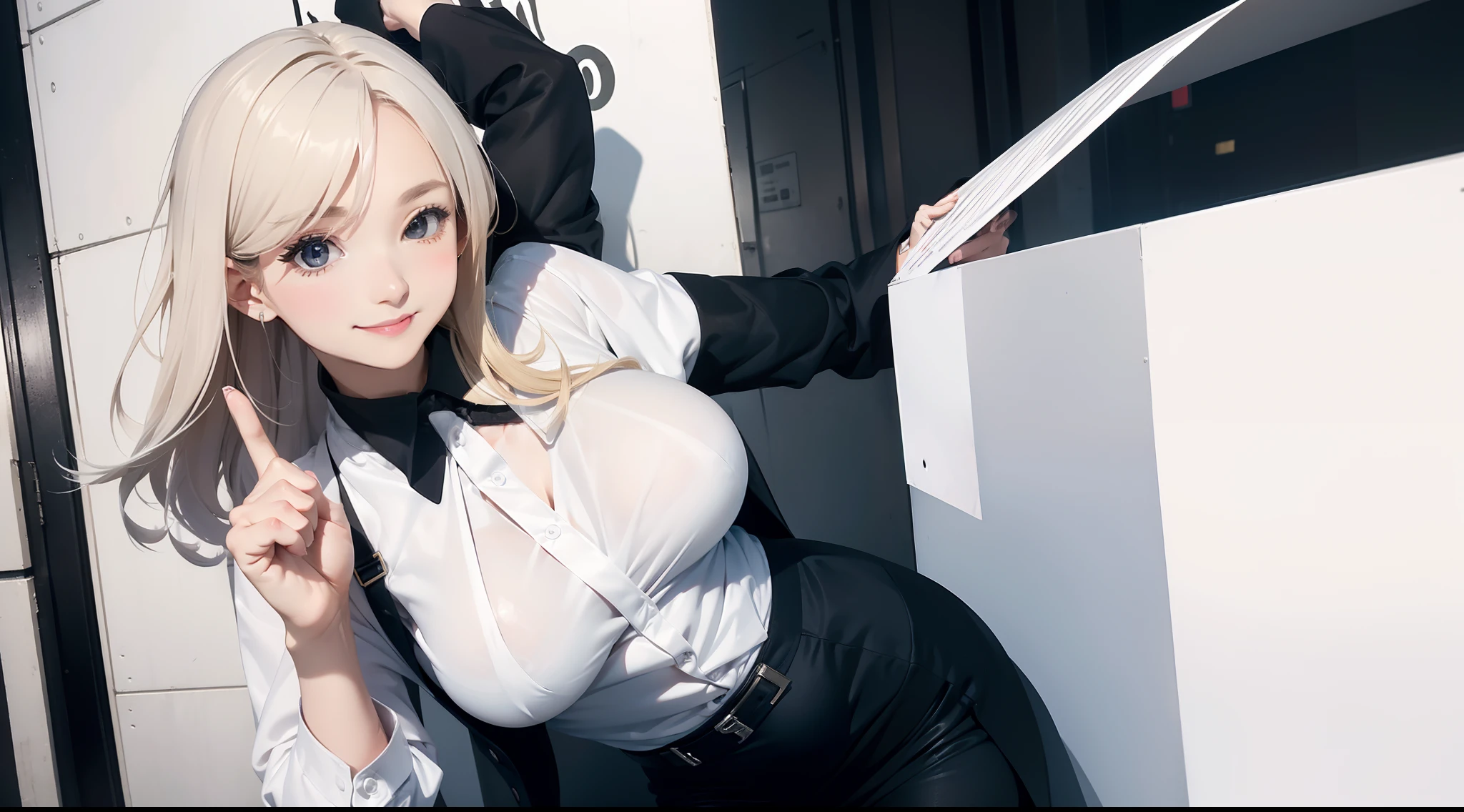a woman,(solo:1.5) smile, medium breast, dynamic pose, model pose, white blouse, black pencil skirt,Holding_Sign, large signboard