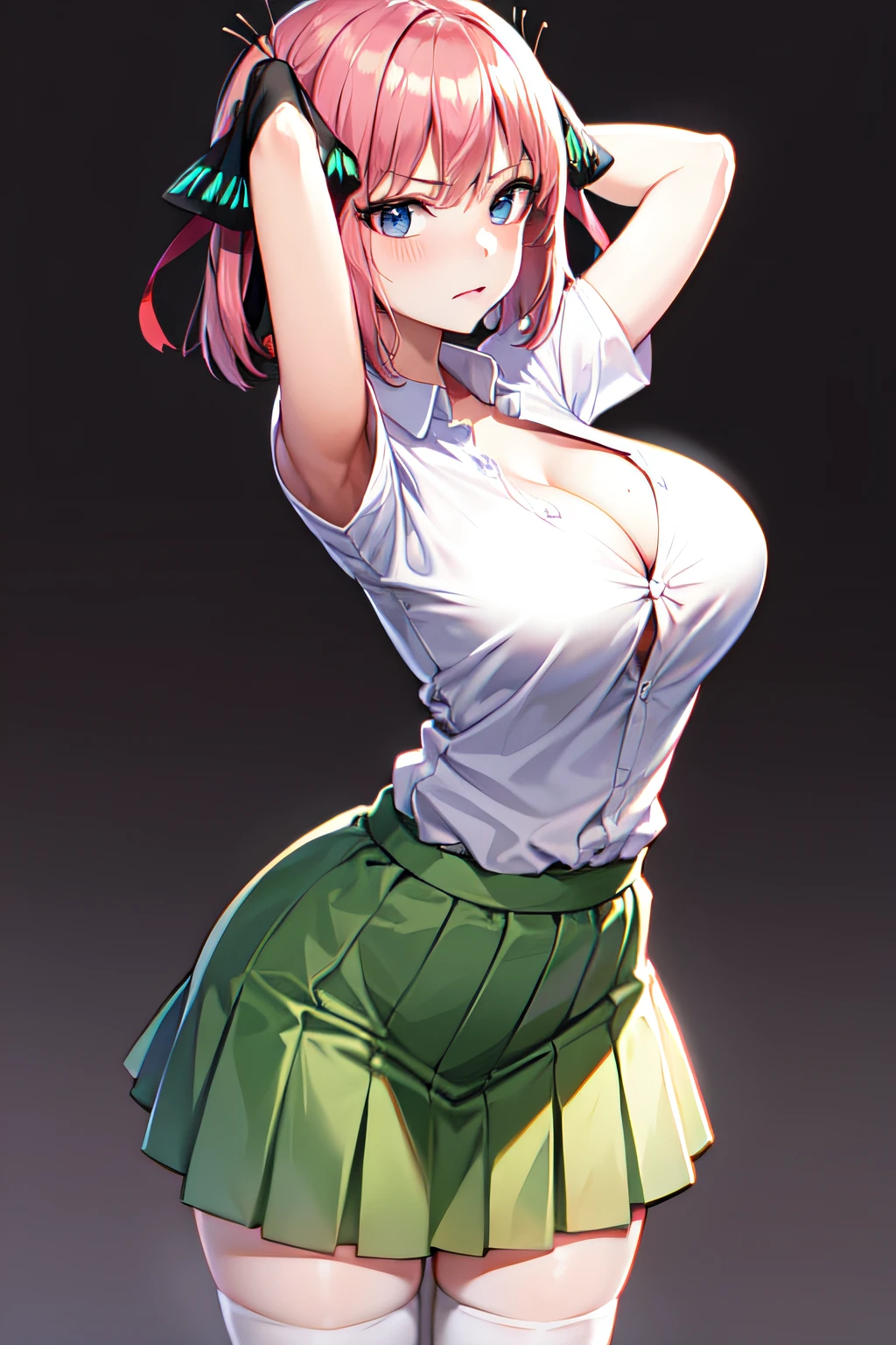 masterpiece, best quality, highres, Nakano nino, 1girl, solo, pink hair, short hair, busty, butterfly hair ornament, large breasts, cleavage, green skirt, white shirt, collared shirt, open clothes, black thighhighs, short sleeves, skirt lift, looking at viewer, annoyed, blush, full body, standing, simple background, arms behind head, (erotic pose:1.4)