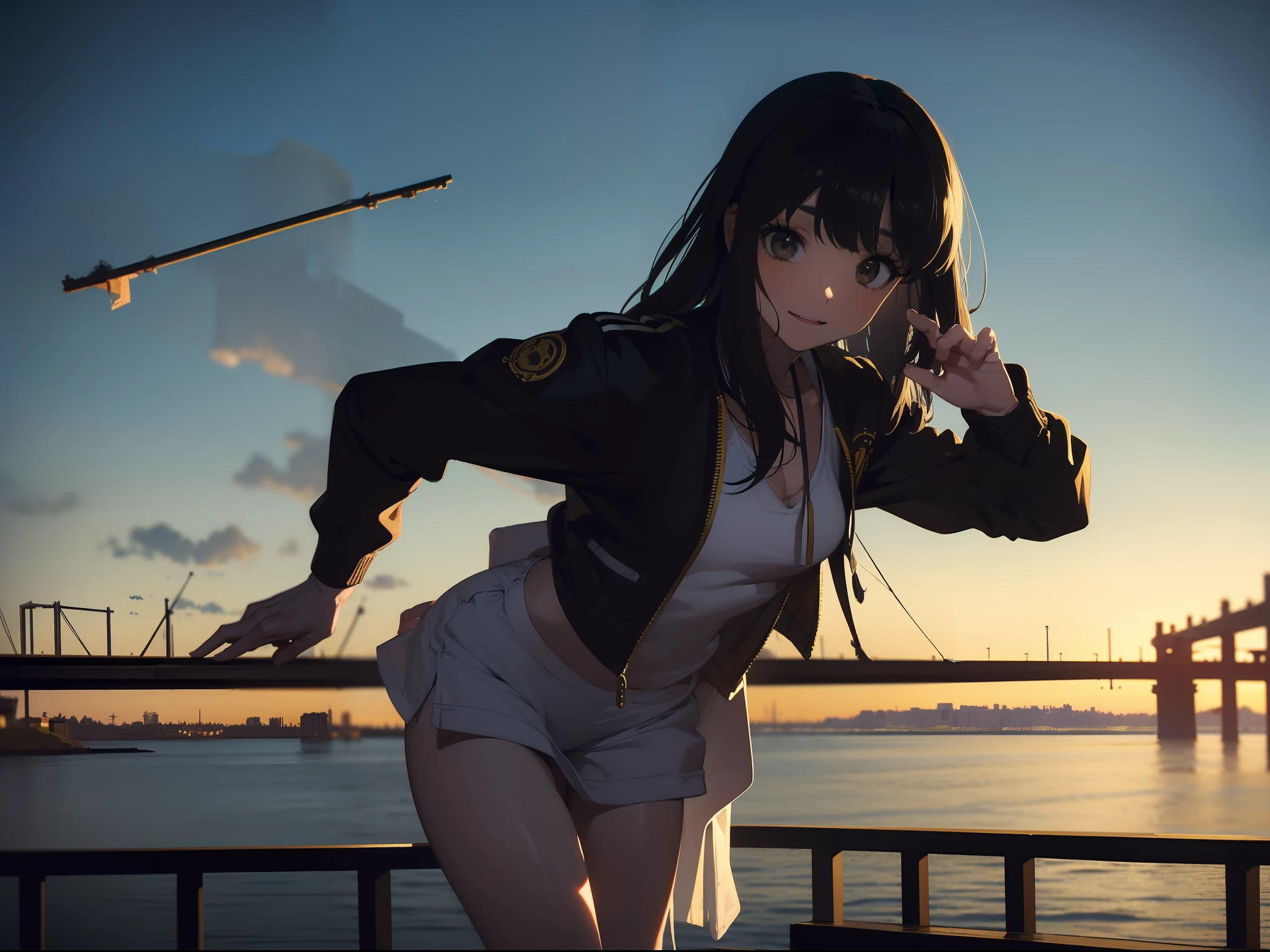 ((((Catch big fish by the lake)))),((Best Quality, masutepiece :1.5)),((( Large Mouth Bus:1.2))),(((Hands of the correct structure:1.4)))hight resolution,ultra-detailliert,​masterpiece,best qualtiy,(1 Female Older Japan 22),Black hair, long eyeslashes, Solid Circle Eyes, deadpan, drop shadow, Atmospheric perspective,Super Detail, ccurate, small brest,(Black jacket :1.1),top-quality, blurry backround, bokeh dof:1.2, (​masterpiece:1.3),  Atmospheric perspective,Super Detail,dynamic compositions