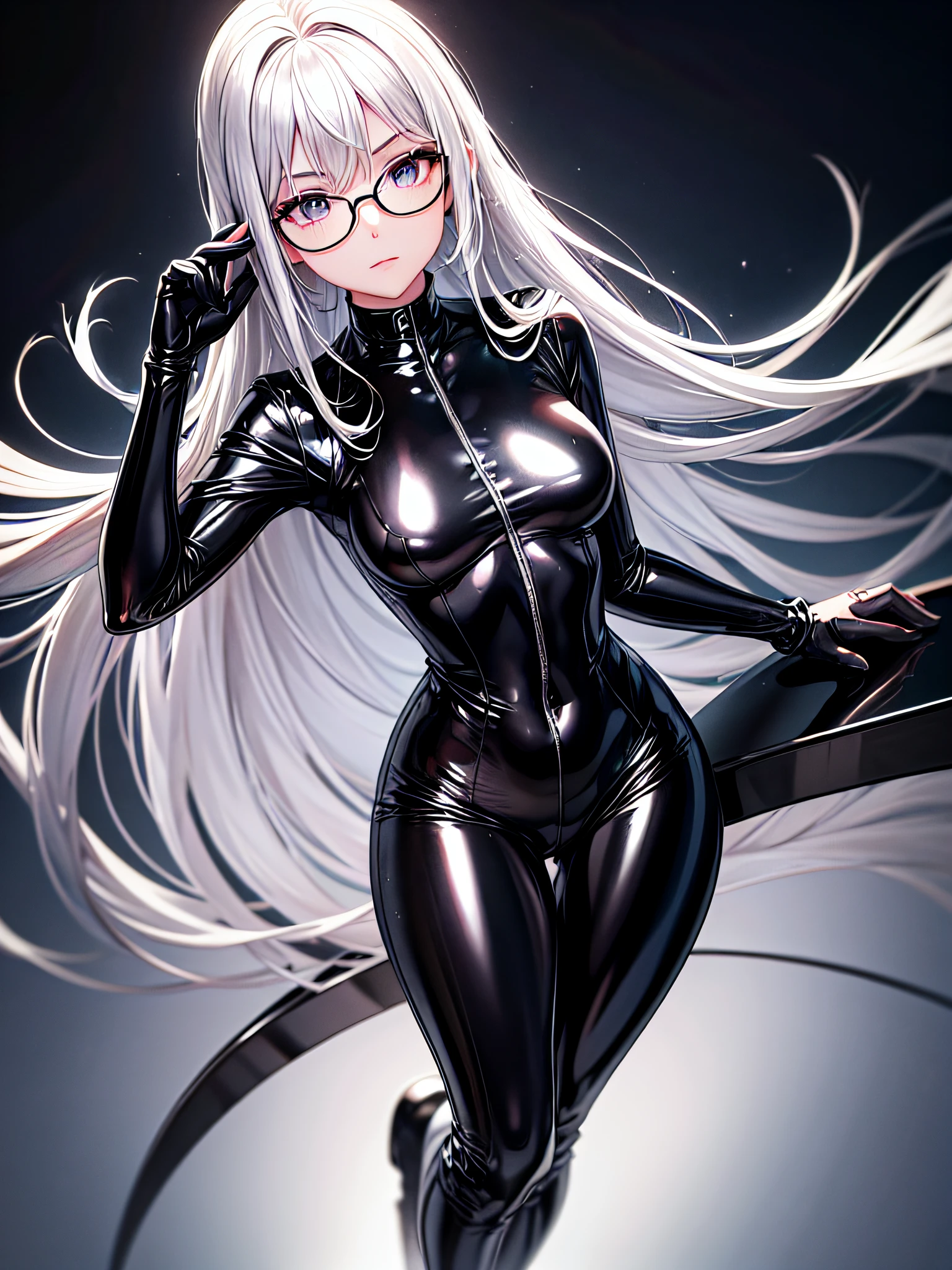 5 8K UHD、Silver-haired and small-nosed beauty in a black shiny black full-body rider suit wearing glasses sits with her crotch open、Wearing a shiny black latex slider suit with hidden skin、Shiny black latex slider suit、Beautiful-headed woman looking up expressionless