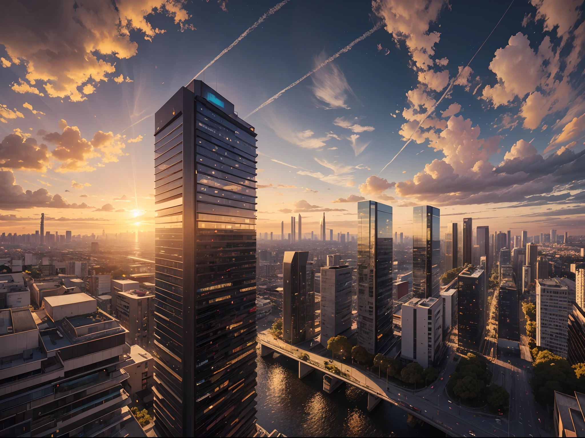 Cidade Urbana, imagination, (realista), clear sky, compositing, sun sunset, (HDR:1.5), ao ar livre, detalhes intrincados,