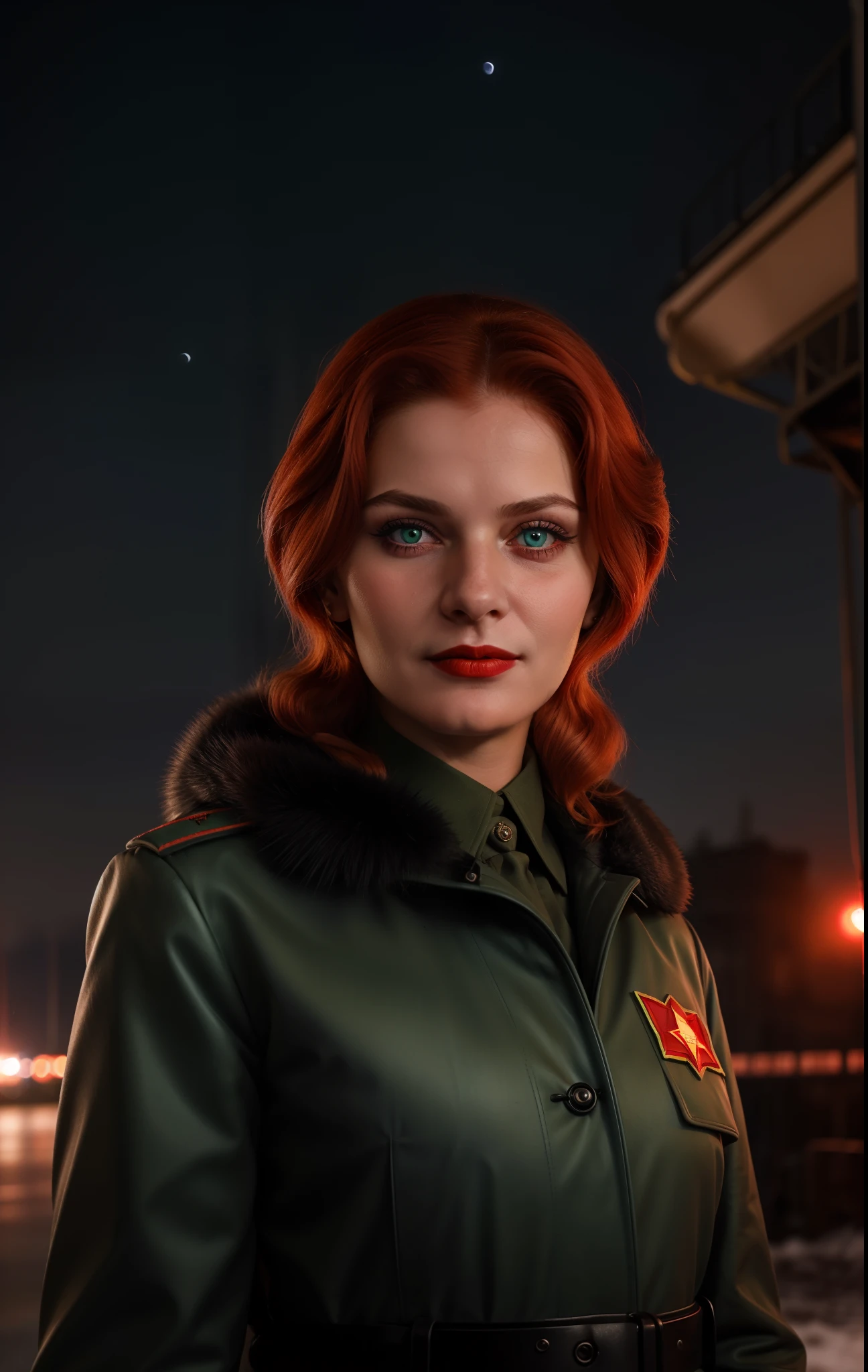 ((Hyper Realistic Style, 16K, Masterpiece)), Woman with Heterochromia (One Blue and One Green Eye), Immersed in the Soviet Era, Soviet Night Witches Military Attire, Embodying the Spirit of Fearless Nighttime Aviators, Authentic Soviet Landscape, Transporting to the Heart of Soviet History, Intricate Military Uniform Design, Showcasing the Craftsmanship of Soviet Military Attire, Meticulous Attention to Soviet-Era Details, Reflecting the Dedication to Historical Authenticity, Reddish Hair with Subtle Hints of Rebellion, Adding a Touch of Defiance to the Soviet Aesthetic, Gaze of Determination and Strength, Capturing the Grit and Courage of Soviet Women, Nighttime Skies Over Soviet Territory, Setting the Stage for Nocturnal Missions, Soviet Era Nostalgia, Conveying the Sentiments of a Bygone Era, Realistic Fabric Textures, Evoking the Feel of Soviet Clothing, Soft Moonlight Illumination, Enhancing the Atmosphere of Soviet Nights, Historical Accuracy in Every Stitch, Capturing the Essence of Soviet Fashion, Intricacies of Night Witches' Uniforms, Showcasing the Legacy of Brave Aviators, Meticulous Soviet Fashion Details, Resonating with the Spirit of the Times, Soviet Heritage, Evident in Every Aspect of the Portrait, Artistic Excellence in Soviet Realism, Elevating the Representation to a New Height, Soviet Era Charm, Conveying the Idealism of Soviet Ideals