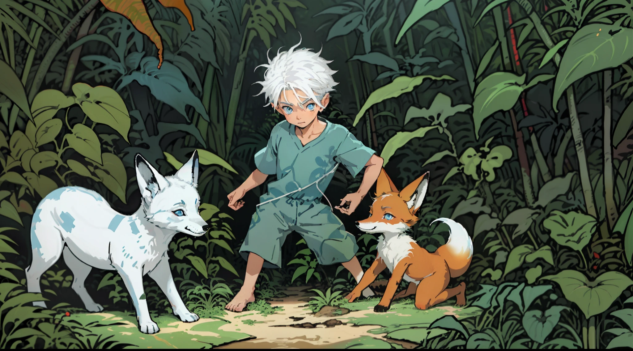 (Three sided view:0.9), (A 10-year-old baby boy:1.2) with (white hair:1.2) and (blue eyes:1.1) playing with a (friendly fox:1.1) in the (lush jungle:1.3).
