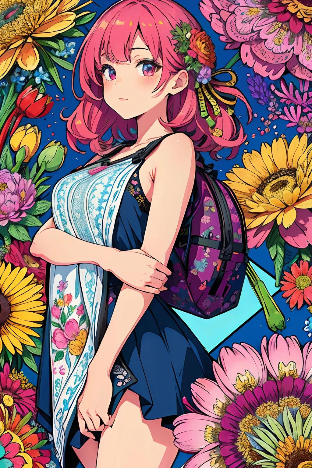 (ultra-detailed background, detailed background), absurdres, highres, ultra detailed, extremly detailed, 1girl, (bunch of flowers:1.3), (zentangle:1.2), (geometric:1.2),(colorful),
