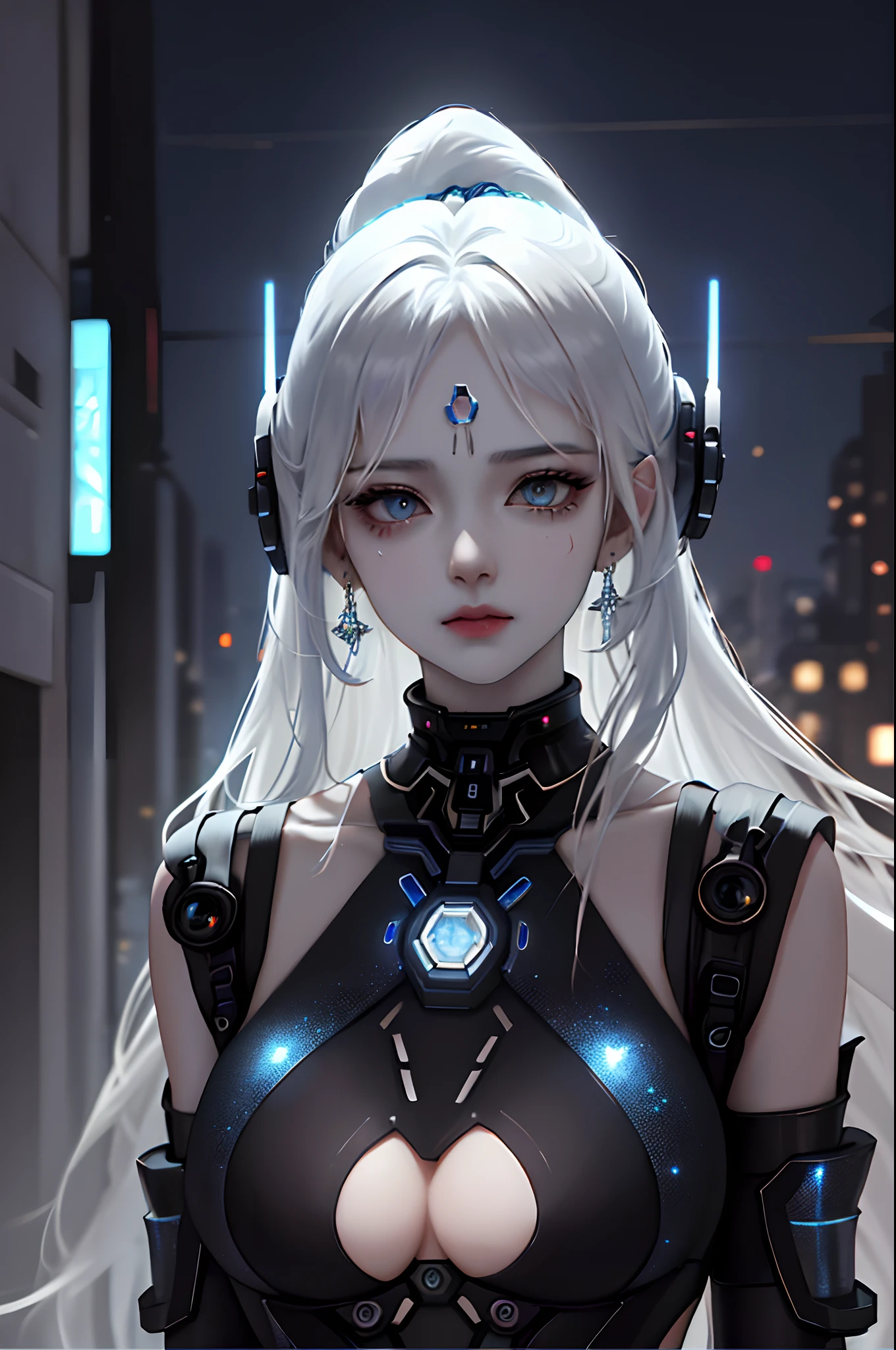 In a neon-lit dystopian cityscape, amidst the flickering holographic billboards and towering metallic structures, stood a remarkable young woman who seemed to embody both grace and power. Her striking appearance immediately drew attention as her long hair cascaded down in shades of light blue and gray, shimmering like a cascade of stardust. Her skin, with a subtle metallic sheen, hinted at a world where technology and biology intertwined in ways unimaginable. Adorned with intricate jewelry that glowed softly with embedded nanolights, she exuded an air of elegance that contrasted sharply with the gritty urban environment around her. Elaborate earrings dangled from her ears, each piece a miniature work of art, reflecting the fusion of artistry and advanced craftsmanship that defined her era. Yet, what truly captured one's gaze was the futuristic grey gun she held with a sense of both familiarity and respect. The gun, an embodiment of cutting-edge engineering, featured sleek lines and a modular design that hinted at its adaptability for various combat scenarios. Its metallic surface seamlessly integrated with the advanced nanotech interface on her wrist, forming a symbiotic relationship between woman and weapon. Standing solo in this unforgiving world, she appeared undaunted by the challenges that surrounded her. Her eyes, a mix of determination and quiet contemplation, betrayed a story of resilience and courage. This was not just a woman with a gun; she was a symbol of the indomitable spirit of humanity, unyielding in the face of adversity. As the city hummed with the low thrum of machinery and the distant echoes of a society in flux, she remained a testament to the capacity of individuals to adapt, survive, and thrive even in the most uncertain of futures.