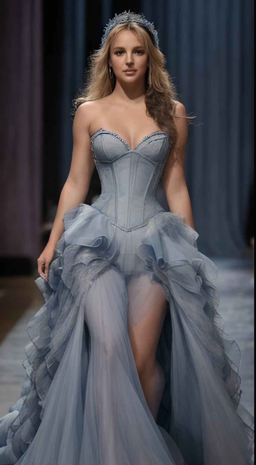 a close up of BRITNEY SPEARS in a blue denim dress walking down a runway, dress in voile, vera wang couture, blue corset, high fashion haute couture, by Nina Hamnett, haute couture fashion, iris van herpen, haute couture, dressed beautiful gown, gown, frill, very detaile, iris van herpen rankin, corset