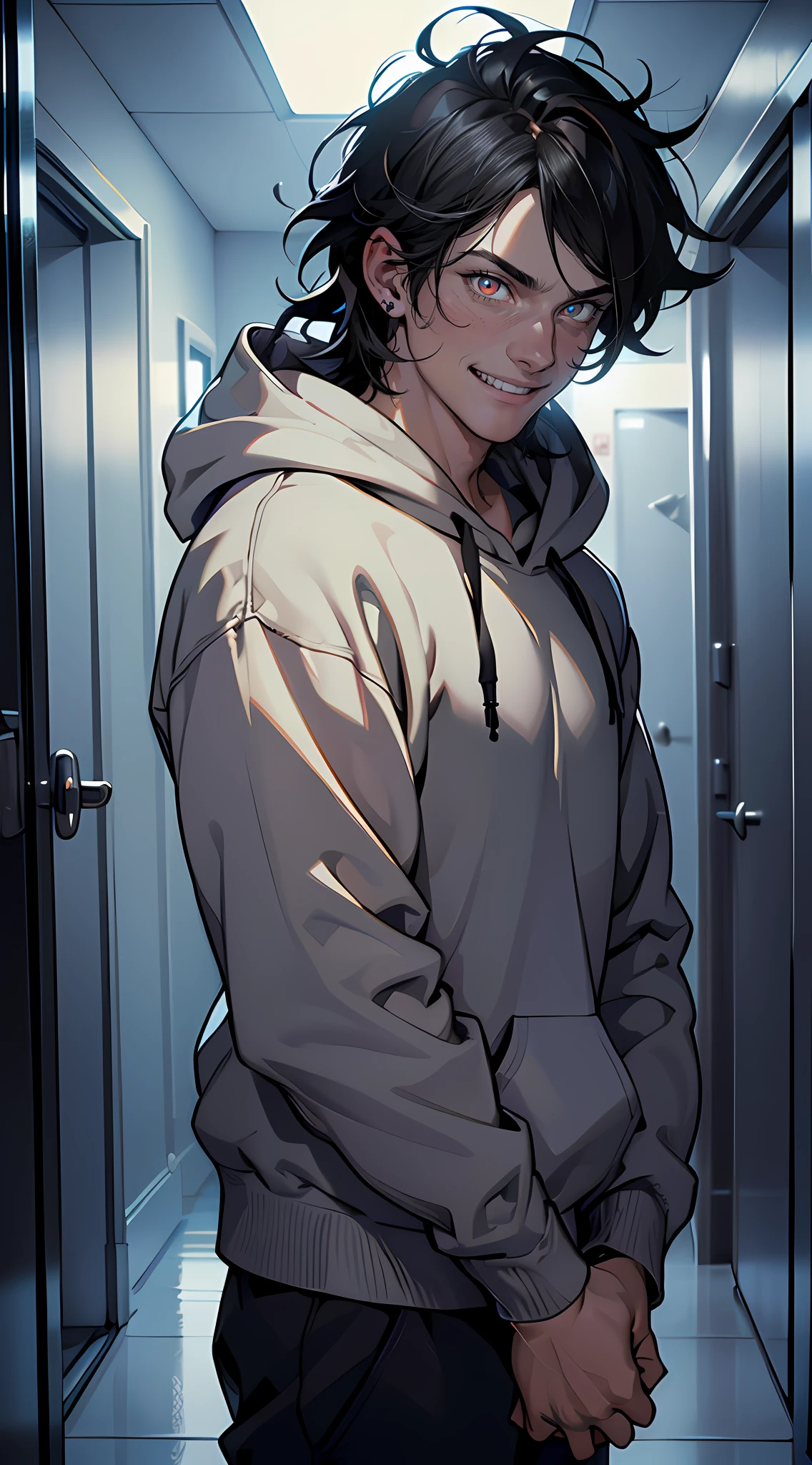 (tmasterpiece, high resolution, ultra - detailed:1.0), (1boy, Adult male), Perfect male body, Eyes look at the camera, Delicate eyes and delicate face, Extremely detailed CG, Unity 8k wallpaper, Complicated details, solo person, Detailed face, (Black hair, Messy hair, Crazy expression, Gray hoodie,blood in face,Dagger in hand), (Crazy smile:1.2) , (Mad eyes:1.3) , (wide-eyed:1.2,small pupil),Dark corridors,Night, color difference, Depth of field, dramatic shadow, Ray tracing, Best quality, offcial art, Portrait,
