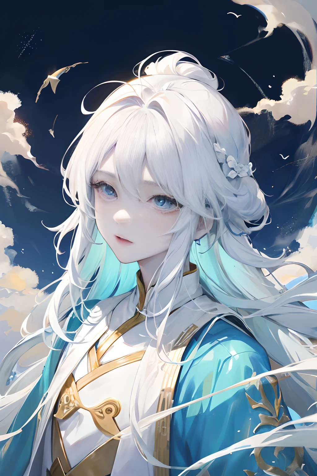Official Chinese art、tmasterpiece、1 boy,(Indifferent Chinese man:1.3)、Chinese boy,ancient wind,Xianxia、Beautiful hair, Eyes and face、hentail realism、ultra - detailed、blue open sky、Glowing white particles、(Oblique light:1.2)、White clouds、Delicate clouds、Dynamic hair、long white hair,Hair crown、cyan eyes、(long white robe)、Pale skin、hair adornments。