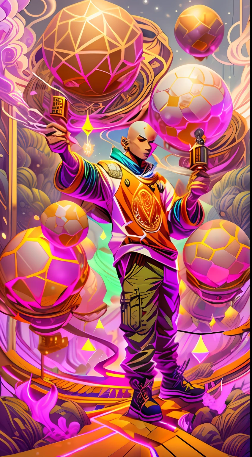 Craft an exquisite, high-resolution 4K masterpiece Draw a young caramel skin Male with bald Hair, standing on a Mysterious path floating in the middle of an alternate Dimension Leading to a Portal , turn his back on viewers , from behind , surrounded by Colorful energy Orbs glowing with fiery auras BREAK Dramatic lighting from distant SHooting stars Glistening like Diamonds illuminates the scene, casting deep shadows on the Clothing wearing streetwear Gucci Mink Designer Outfit, looking at the Portal and mysterious Contrasting colors on the other side with wonder and Awe with curiosity ,BREAK,Detailed,Realistic,4k highly detailed digital art,octane render, bioluminescent, BREAK 8K resolution concept art, realism,by Mappa studios,masterpiece,best quality,official art,illustration,ligne claire,(cool_color),perfect composition,absurdres, fantasy,focused,rule of thirds. The piece should be intricately detailed, inspired by the techniques of renowned artists such as Ryan Yee, Sachin Teng, JC Leyendecker, Jen Bartel, Beeple, and James Jean, with a particular emphasis on Sachin Teng's style. 

The artwork should reflect the aesthetic of Shin Hanga, a winner of the Behance contest, and should achieve perfect symmetry. The subject of the portrait is Bald Hair Caramel skin Male. The atmosphere should be ethereal, with smoke, white light, and strong light elements. 

Incorporate elements of surrealism into the piece, with ultra-detailed features and glowing eyes. The full-body shot should also include a close-up of the body, with Akuma holding weapons - a katana and a double dragon winding. 

The color palette should be dominated by a mesmerizing blue light, and a bracer should be part of the attire. The piece should be available in HD, Ultra HD, and 4K resolutions. Finally, to add a dramatic effect, include a thunderous backdrop to the scene, creating a surreal and captivating masterpiece.