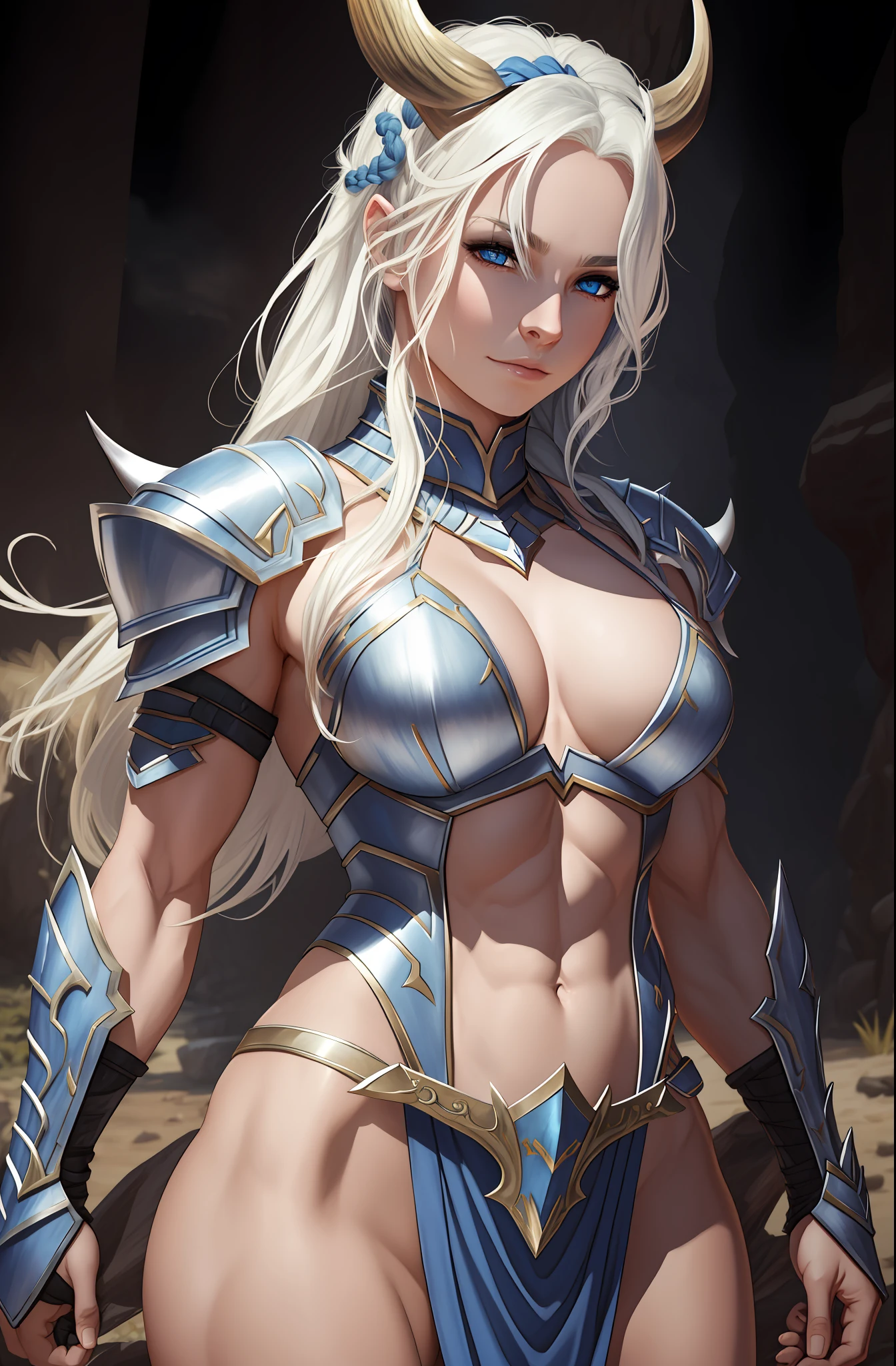 one female blonde full armor horned warrior, blue armor, muscular, elk horns, braids, half white hair, blue eyes, muscles, small breast