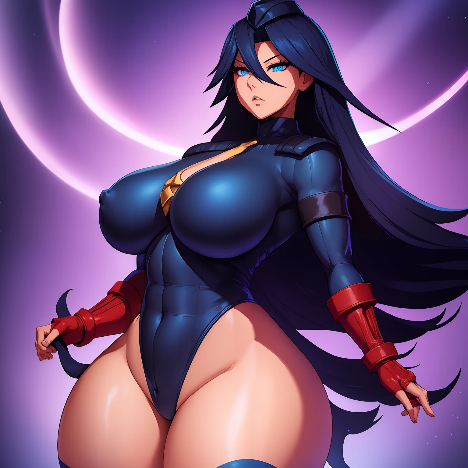 Midnight from my Hero academia, she has huge breasts, thick thighs and wide hips, midnight is wearing a dollsuit that shows off her curves, midnight has been hypnotised by a villain, her eyes resemble spirals, midnight stands stiffly at attention,