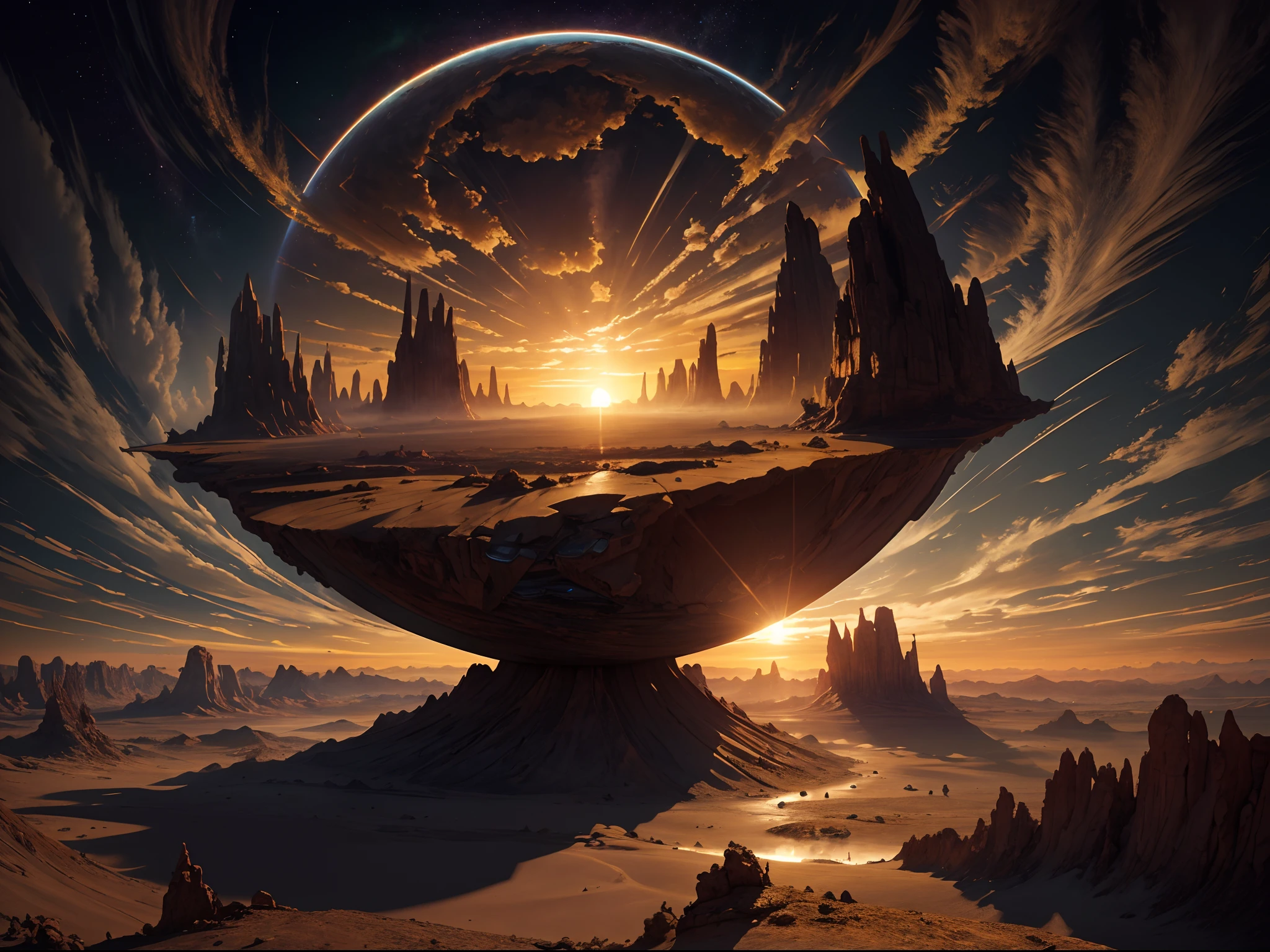 alien landscape, imagination, (realista), clear sky, compositing, sun sunset, (HDR:1.5), ao ar livre, detalhes intrincados,