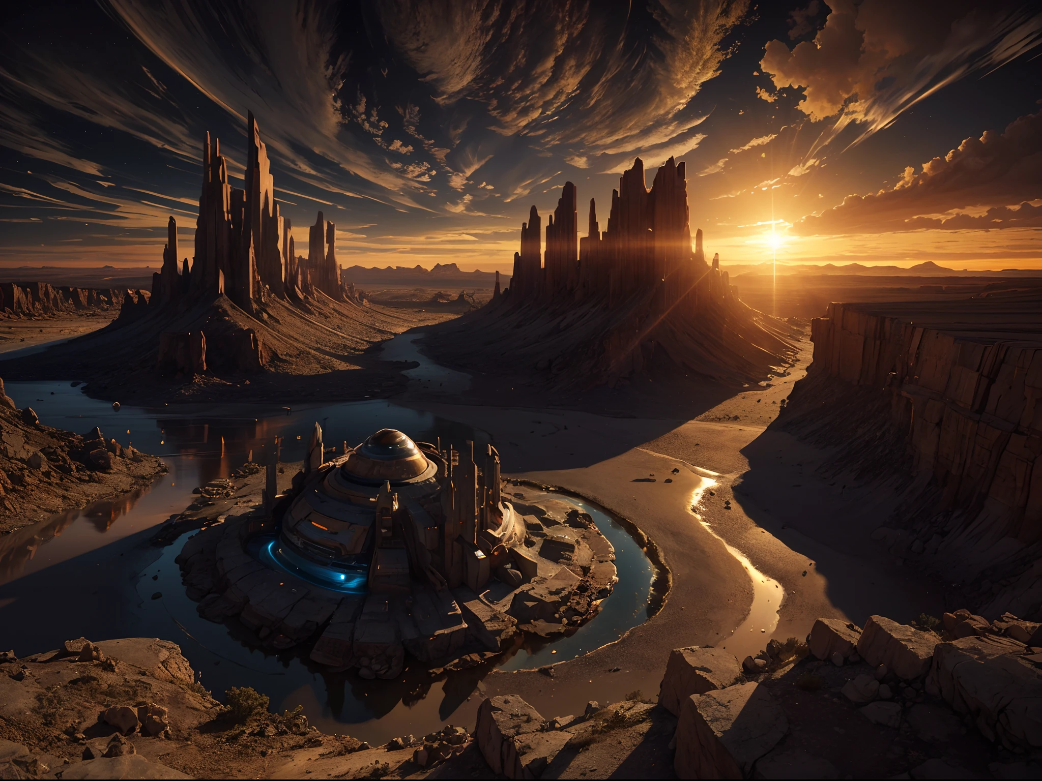alien landscape, imagination, (realista), clear sky, compositing, sun sunset, (HDR:1.5), ao ar livre, detalhes intrincados,