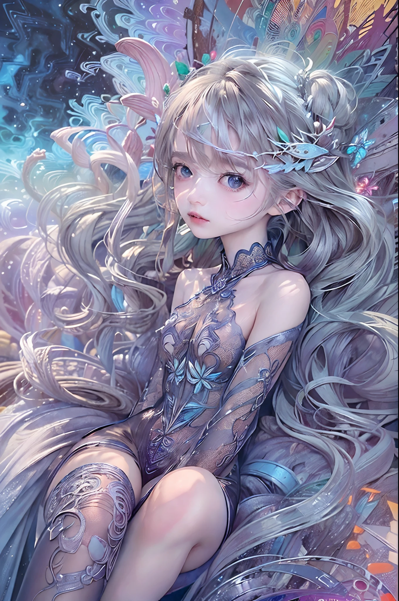 (masterpiece, top quality, best quality, official art, beautiful and aesthetic:1.2), (1 naked girl:1.2), cute, extreme detailed,(abstract:1.4, fractal art:1.3),(silver_hair:1.1), blue eyes,colorful,highest detailed, Beautiful girl and her sister are lying on the bed,Game of Thrones,,from below,spred legs