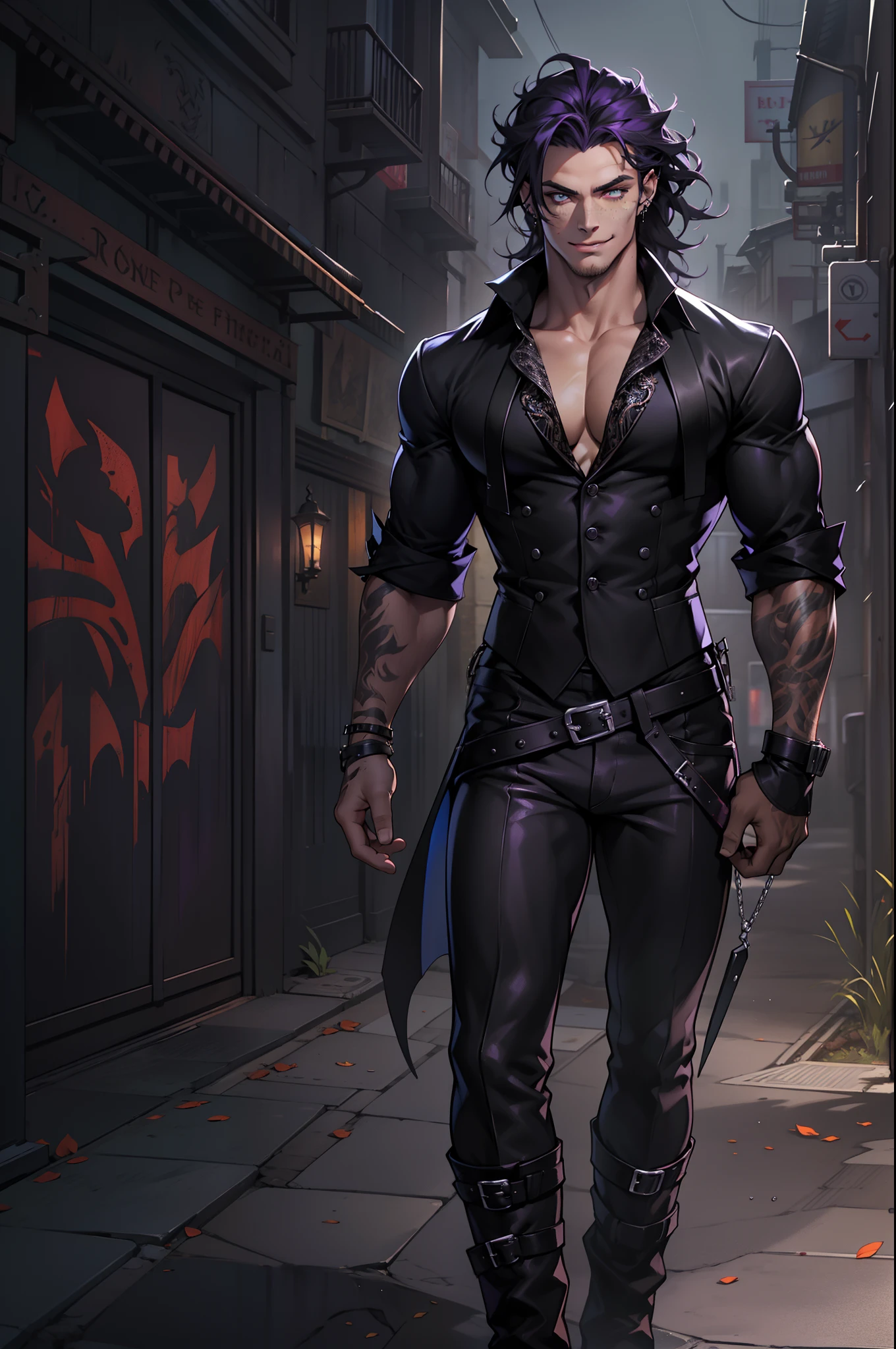 werewolf, tall, very muscular, lumberjack build, clean shaven face, short black hair slicked back with sides of head shaved, wears dark sunglasses, wears jeans, collared shirt, priest collar, black overcoat, gold eyes, grins maliciously, full body view, standing wielding axe in both hands, tan skin