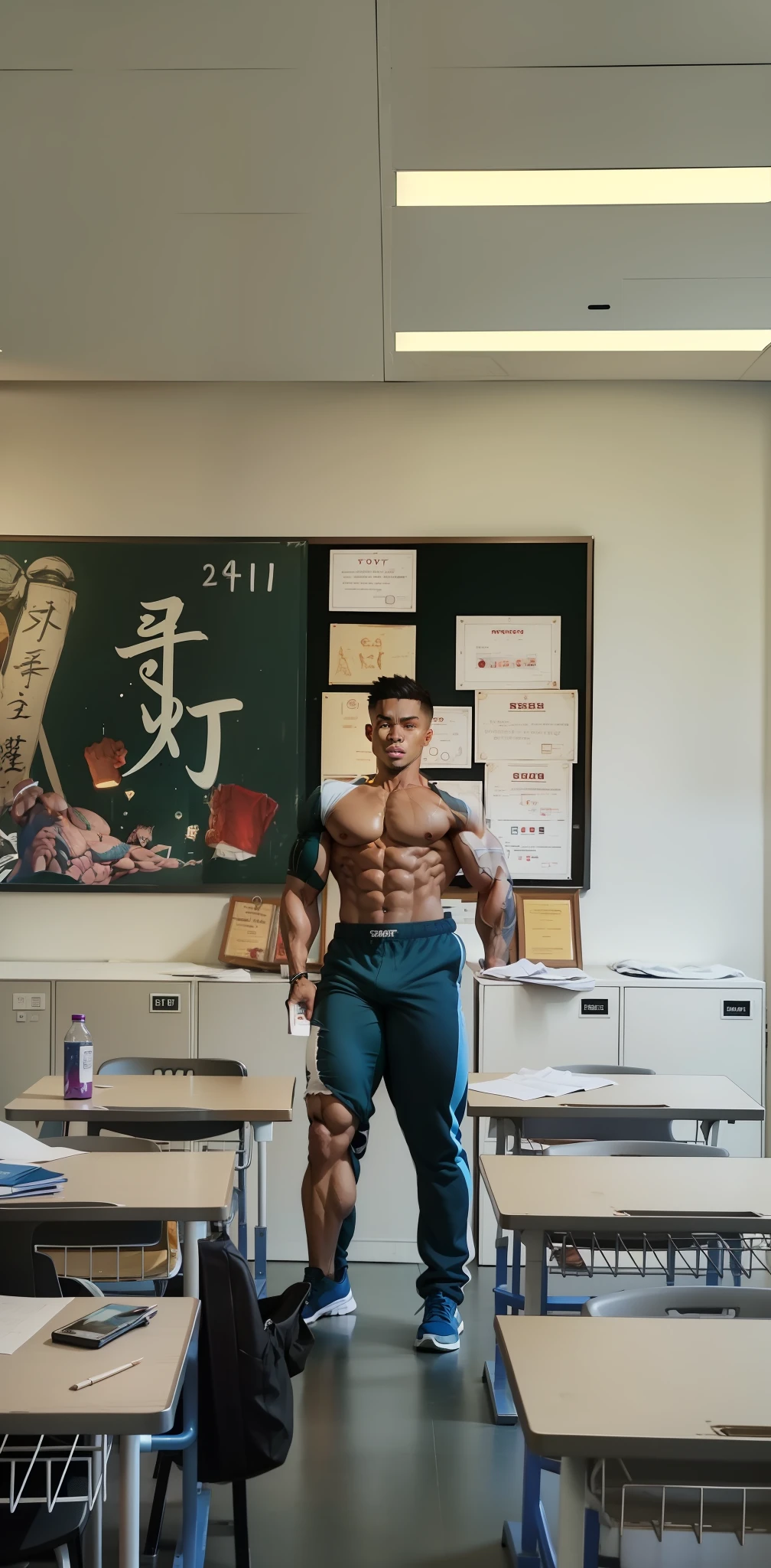 "Ripped physique with defined abs and muscular limbs, shirtless and wearing only boxers, featuring an impressively large bulge, confidently gesturing towards his crotch to exhibit his strength."