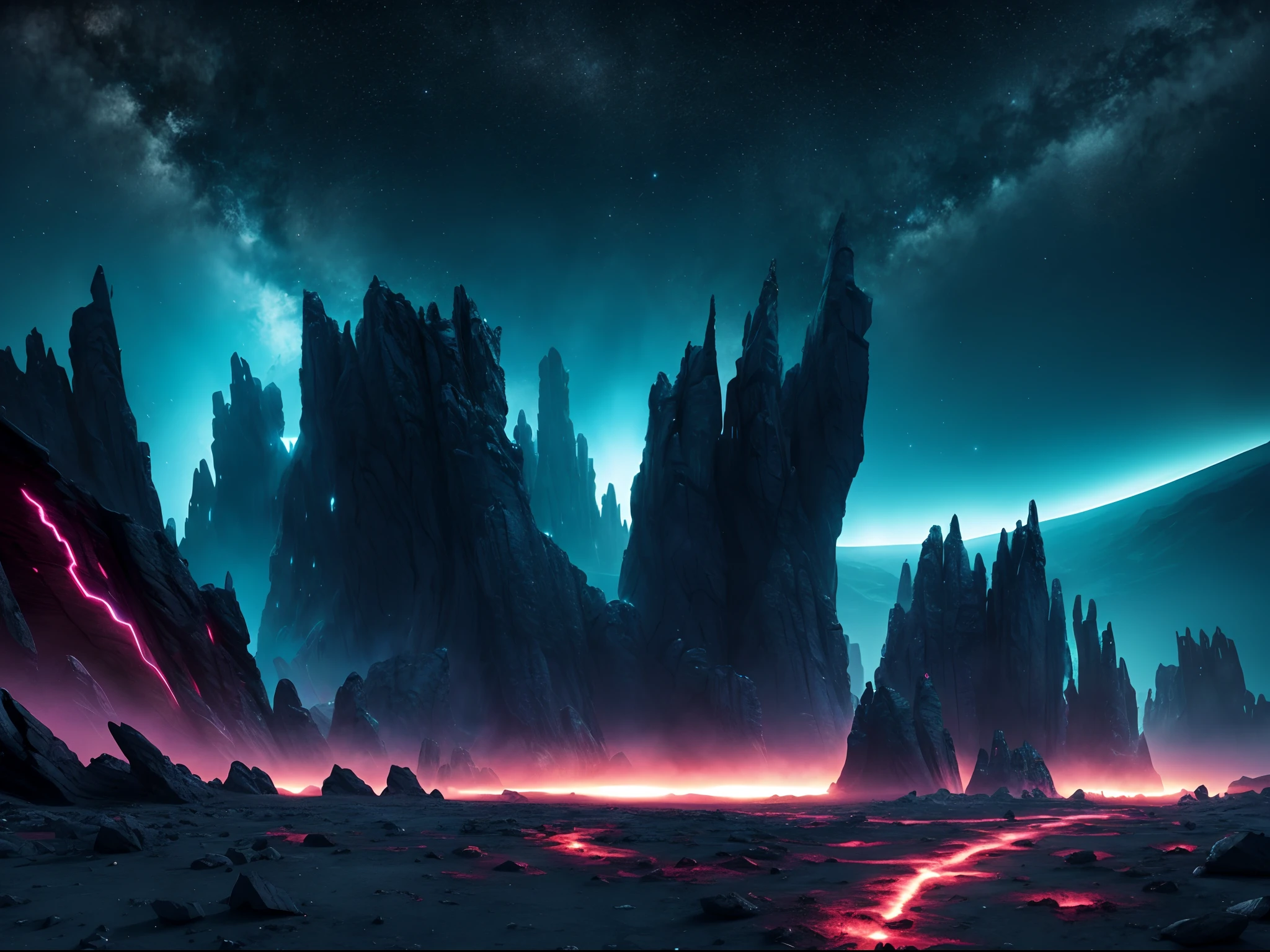 alien landscape, imagination, (realista), clear sky, compositing, night sky, fractal, neon, (HDR:1.5), ao ar livre, detalhes intrincados, --auto