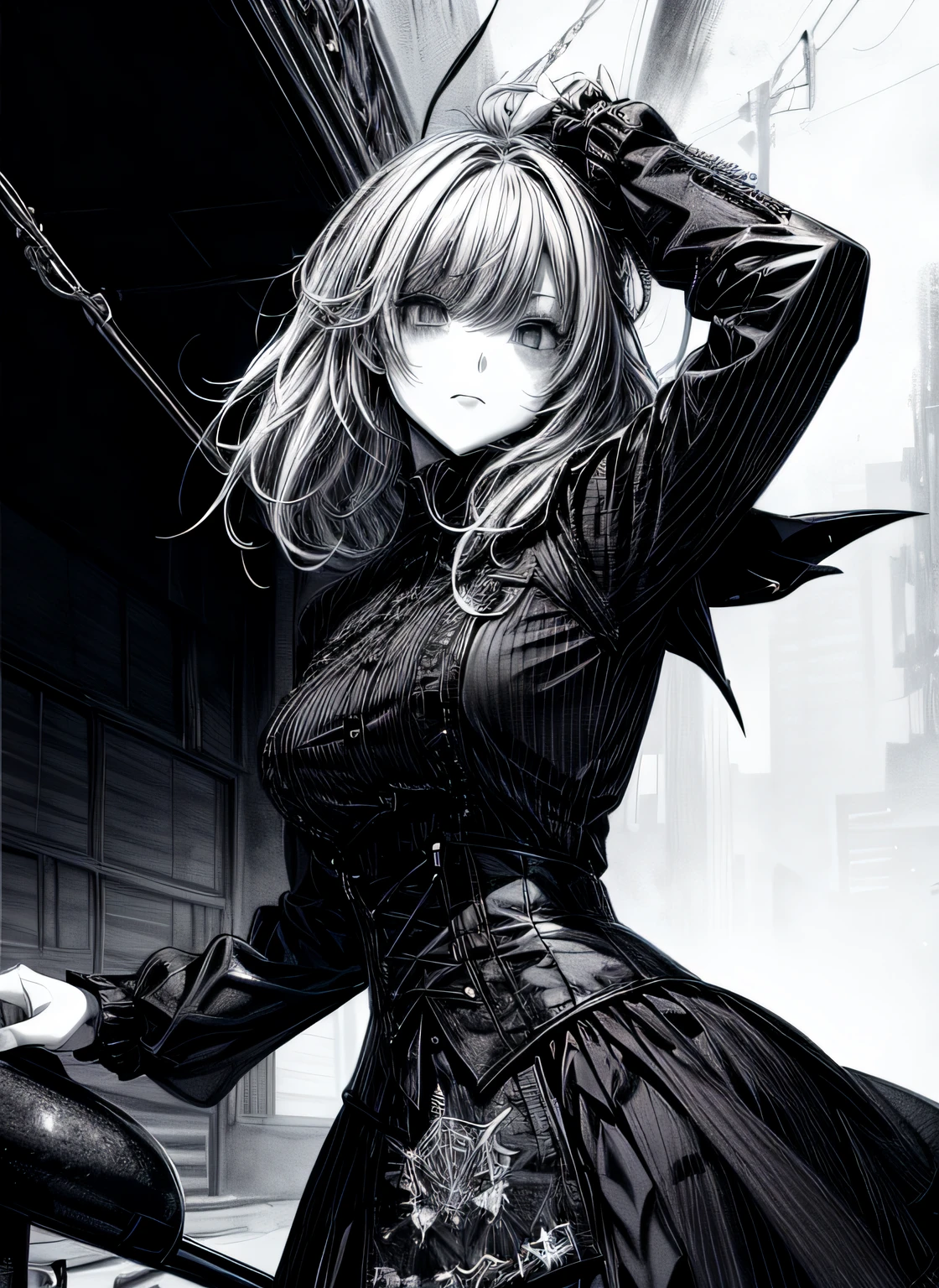 Gothic punk、actionpose、Overflowing、cheerfully、（Manga style）、（Comic ???? Style）、(linear art_Anime)、（black-and-white）、(monotone_strong contrasts)、小柄,Solo_girl, ​masterpiece, top-quality, beautifully drawn, ighly detailed, Aesthetic painting, (Lora Add Details:1.0),hi-school girl、Straight hair、Long Sleeve Gothic Dress、
