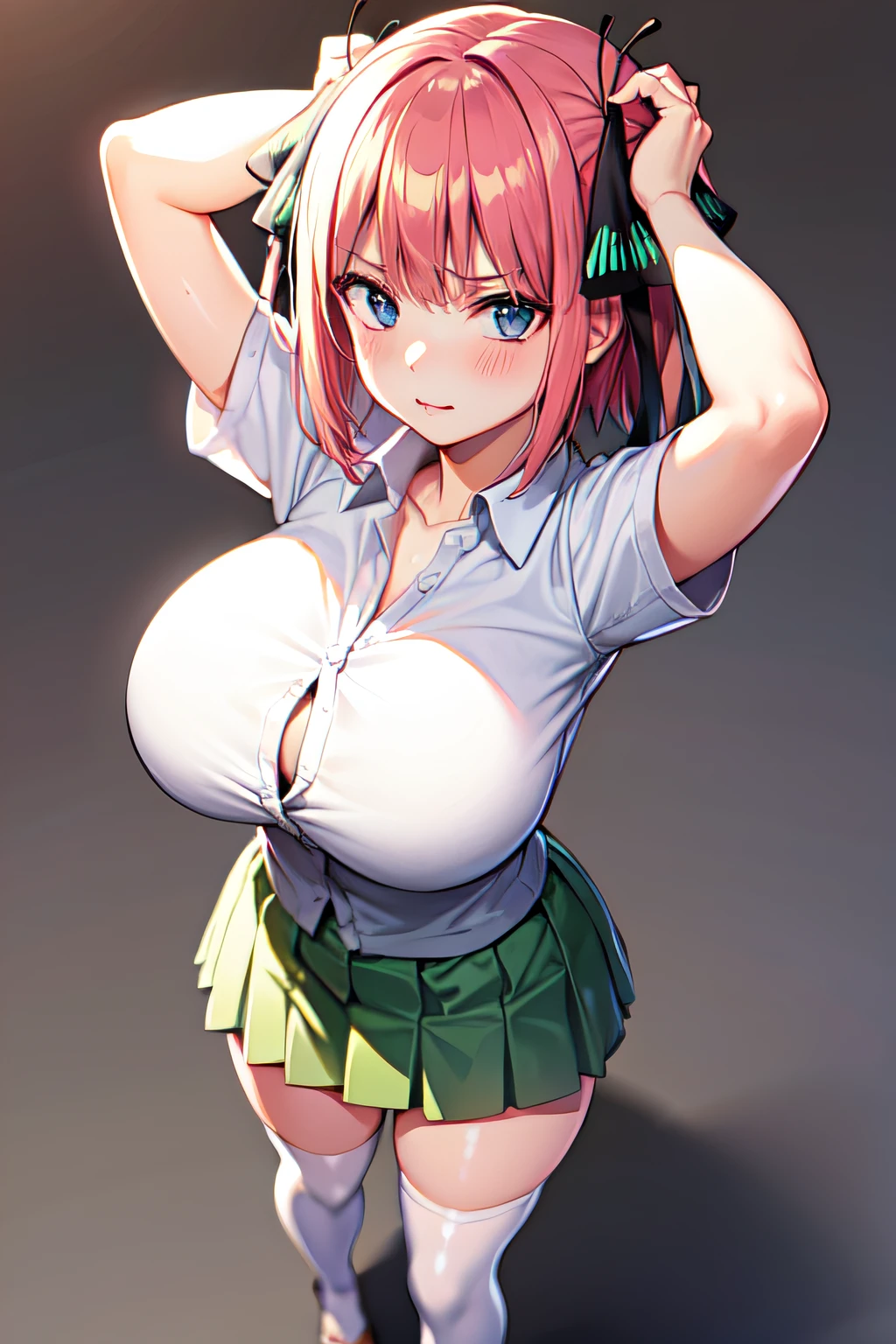 masterpiece, best quality, highres, Nakano nino, 1girl, solo, pink hair, short hair, busty, butterfly hair ornament, large breasts, cleavage, green skirt, white shirt, collared shirt, open clothes, black thighhighs, short sleeves, skirt lift, looking at viewer, annoyed, blush, full body, standing, simple background, arms behind head, (erotic pose:1.4)
