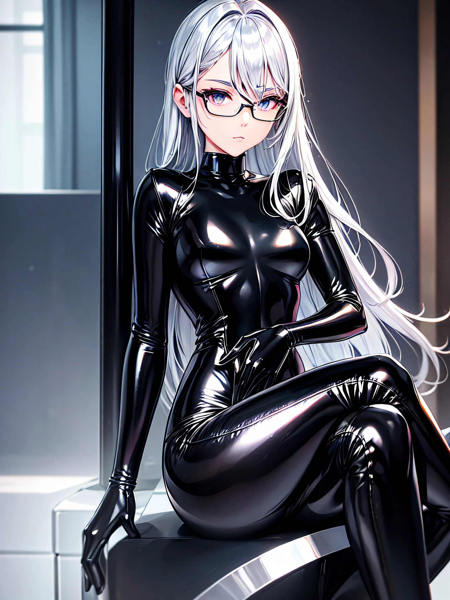 5 8K UHD、Beauty with small nose with silver hair in black shiny black full body rider suit wearing glasses sits with crotch open、Wearing a shiny black latex slider suit with hidden skin、Shiny black latex slider suit、Beautifuls with small noses sitting expressionless and with their crotches open