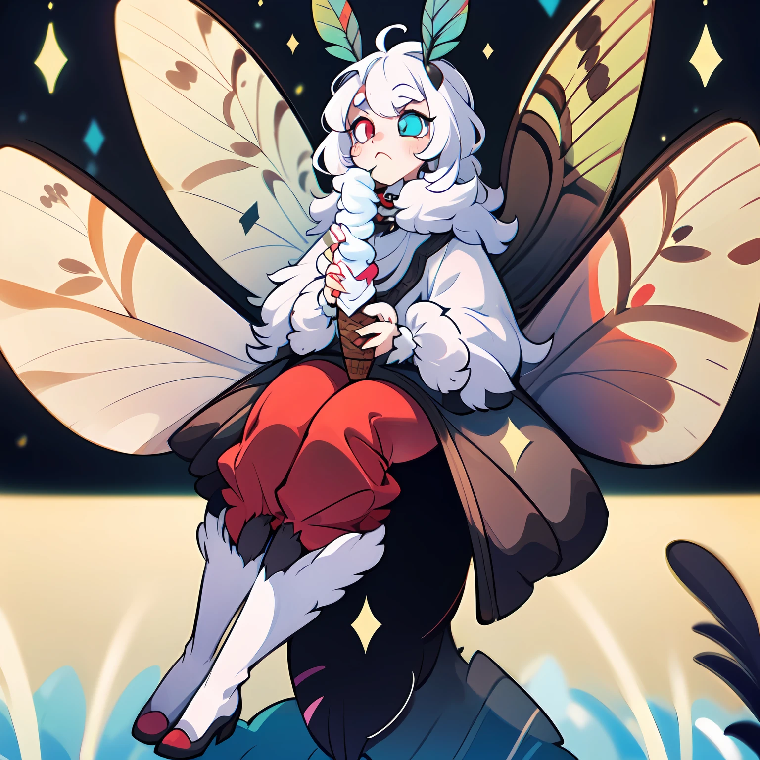 cute anthro moth, female, heterochromia, with gray moth wings,moth antennae, neck fur, fur collar, moth wings, multiple wings, four arms, full body covered with colorful fluffy fur, eating ice-cream, full body, intricate, detailed, sharp focus, blurry background, park background, trending on Pixiv, 4k