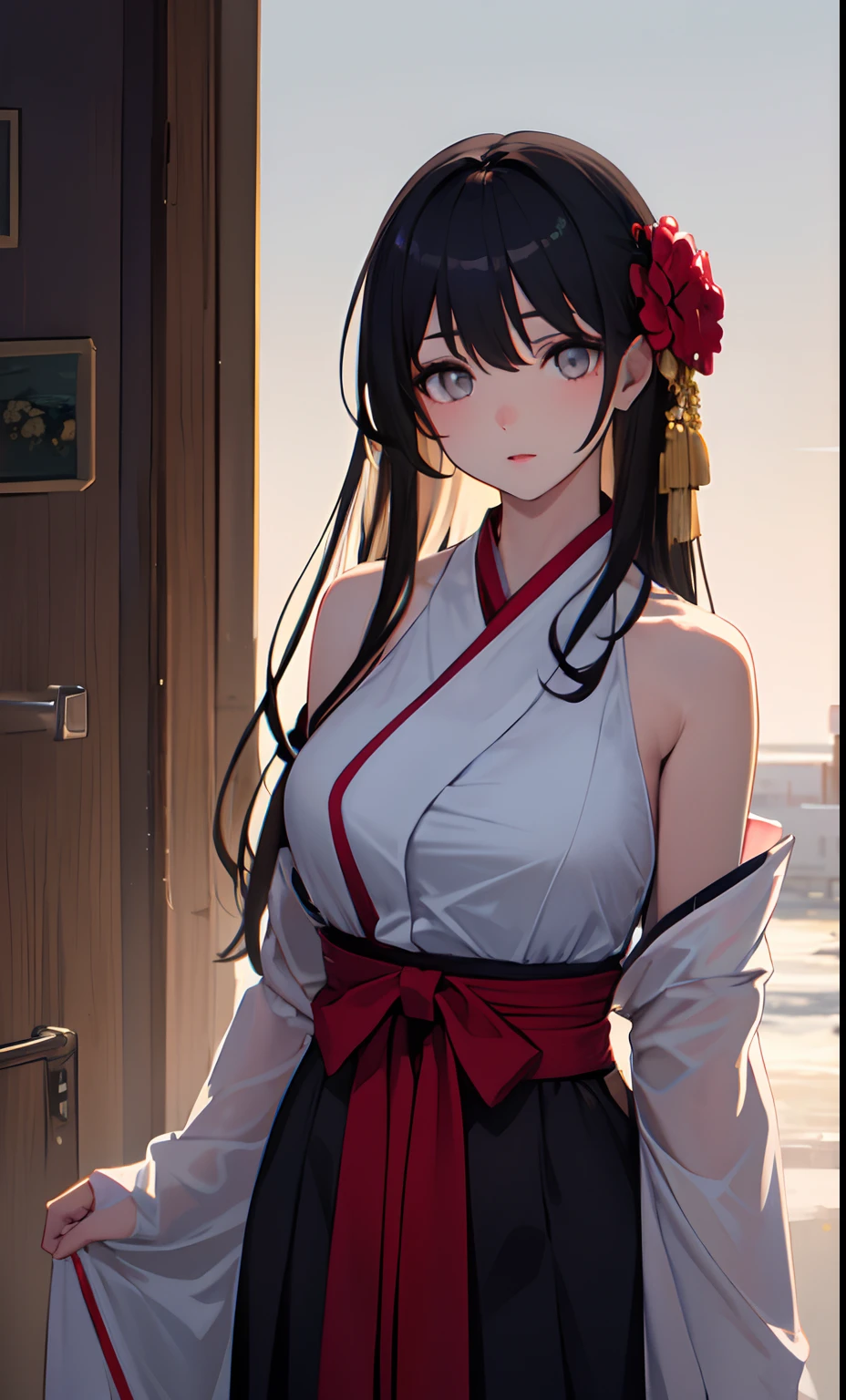 (Little girl:1.5),Lace,ribbon,Hanfu,(Masterpiece, side-lighting, Beautiful gray eyes with fine and detailed details: 1.2), Masterpiece, Realistic, Glowing eyes,Shiny hair,Black hair,long whitr hair, Glossy glossy skin, Solo, embarressed,No shoulder strap,Exquisite,prettify,sonoko,Flowers,flying petal,huge tit