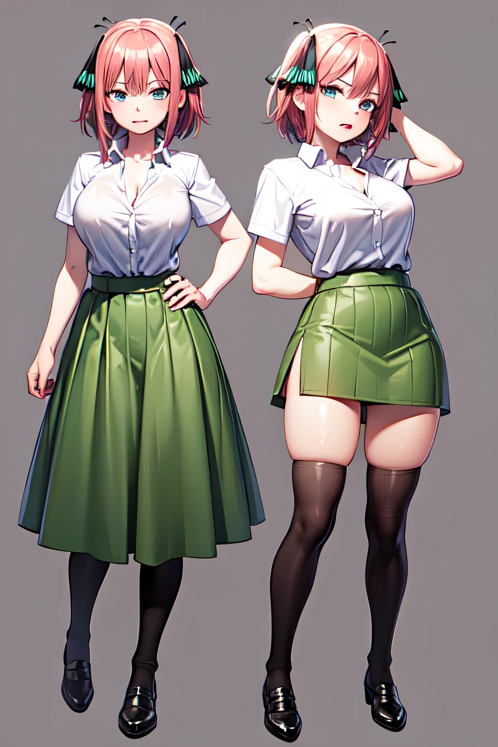 masterpiece, best quality, highres, Nakano nino, 1girl, solo, pink hair, short hair, busty, butterfly hair ornament, large breasts, cleavage, green skirt, white shirt, collared shirt, open clothes, black thighhighs, short sleeves, skirt lift, looking at viewer, annoyed, blush, full body, standing, simple background, arms behind head, (erotic pose:1.4)