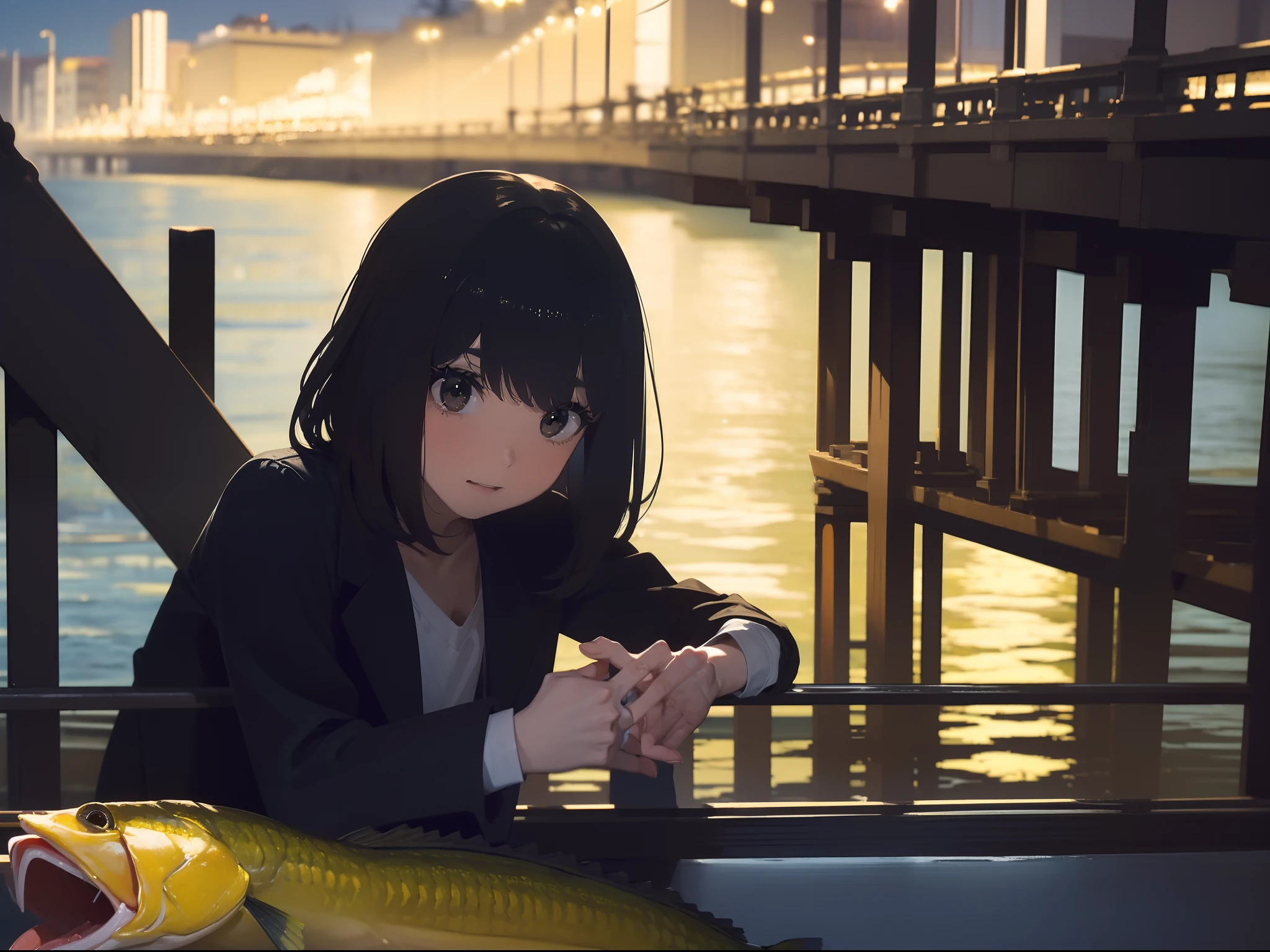 ((((Catch big fish by the lake)))),((Best Quality, masutepiece :1.5)),((( Large Mouth Bass:1.2))),(((Hands of the correct structure:1.4)))hight resolution,ultra-detailliert,masterpiece,best qualtiy,(1 Female Older Japan 22),Black hair, long eyeslashes, Solid Circle Eyes, deadpan, drop shadow, Atmospheric perspective,Super Detail, ccurate, small brest,(Black jacket :1.1),top-quality, blurry backround, bokeh dof:1.2, (masterpiece:1.3), Atmospheric perspective,Super Detail,dynamic compositions