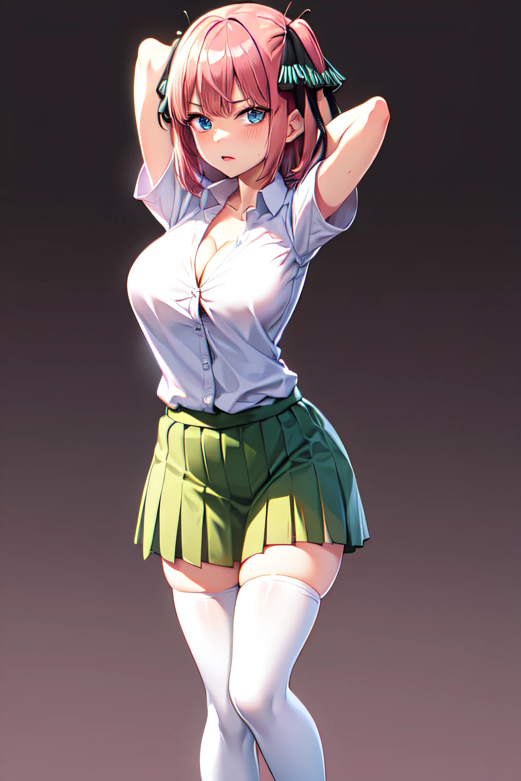 masterpiece, best quality, highres, Nakano nino, 1girl, solo, pink hair, short hair, busty, butterfly hair ornament, large breasts, cleavage, green skirt, white shirt, collared shirt, open clothes, black thighhighs, short sleeves, skirt lift, looking at viewer, annoyed, blush, full body, standing, simple background, arms behind head, (erotic pose:1.4)